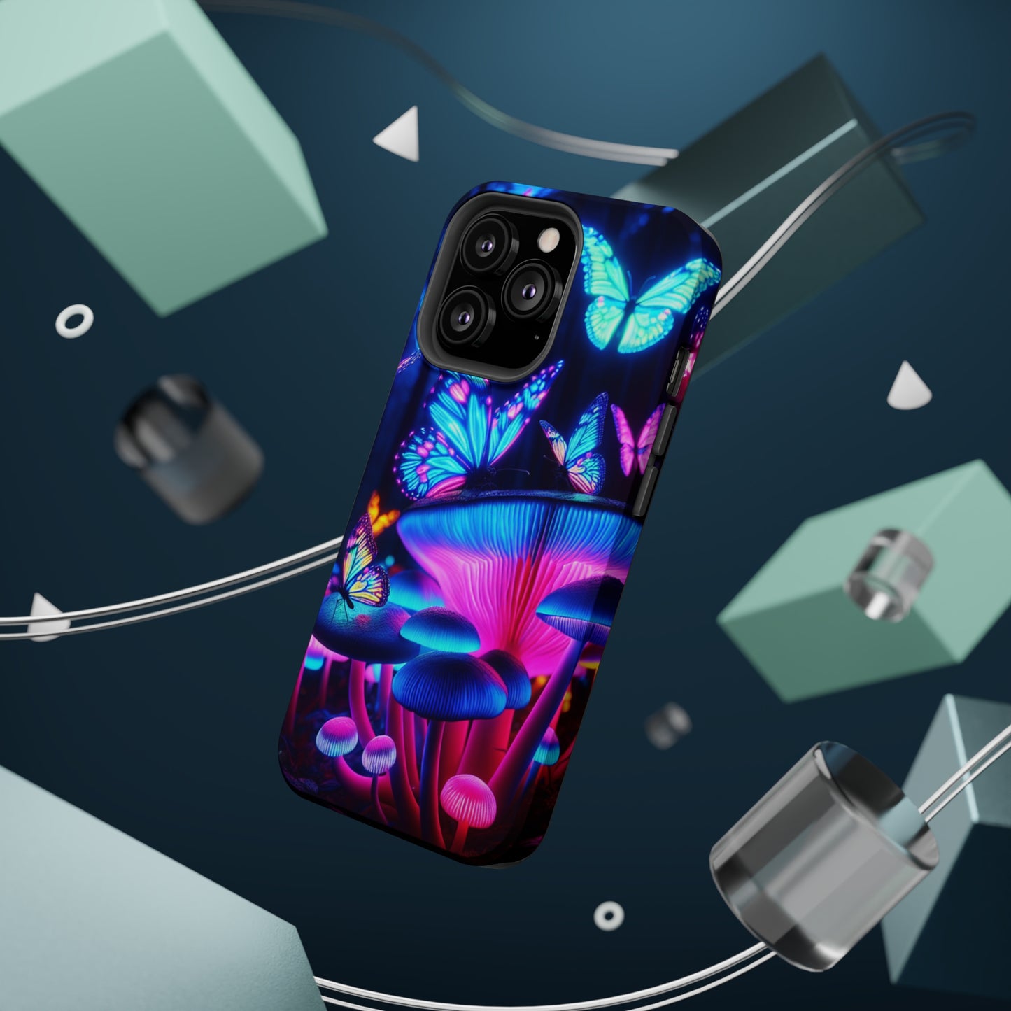 Neon Fantasy Garden Neon Butterflies and Mushrooms Premium Art Magsafe Magnet Tough IPhone 13 14 15 Pro Plus Max and Mini in Matte and Glossy Phone cases