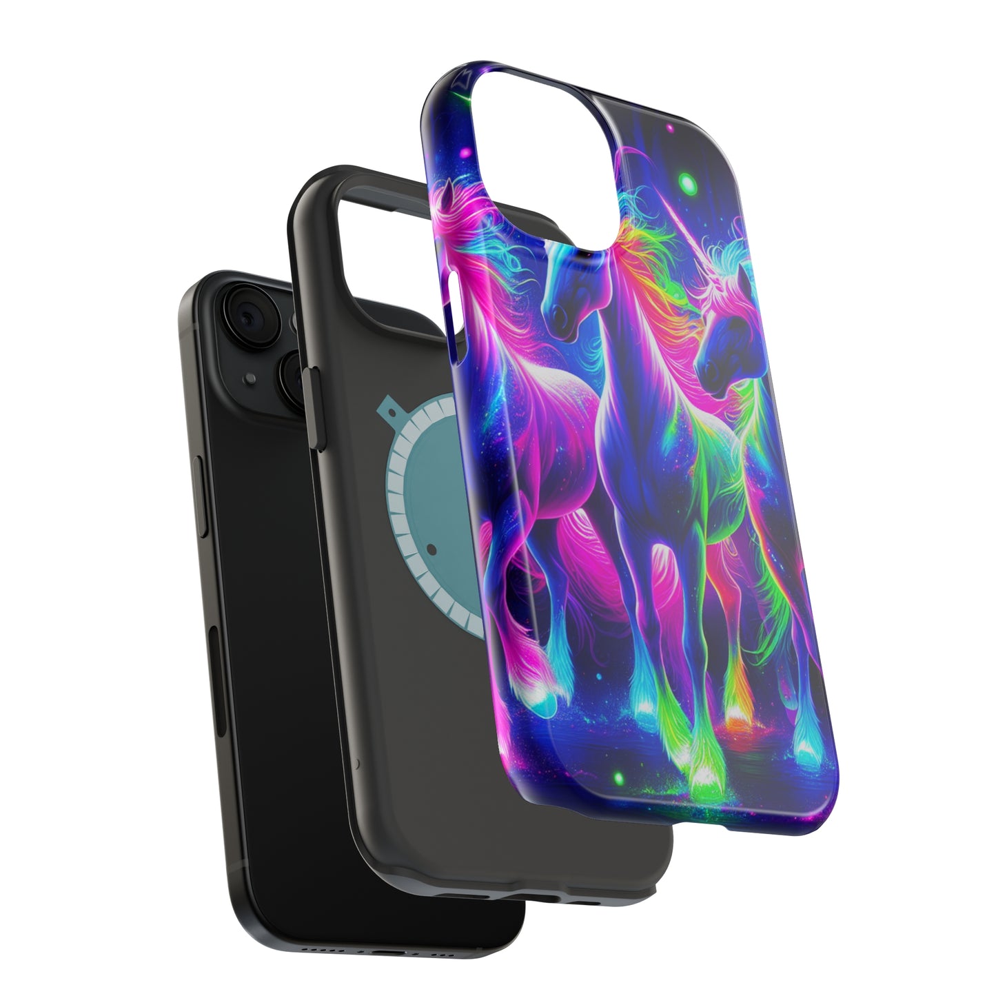 "Uni-Neon Fantasy" Neon Unicorns Premium Art Magsafe Magnet Tough IPhone 13 14 15 Pro Plus Max and Mini in Matte and Glossy Phone cases