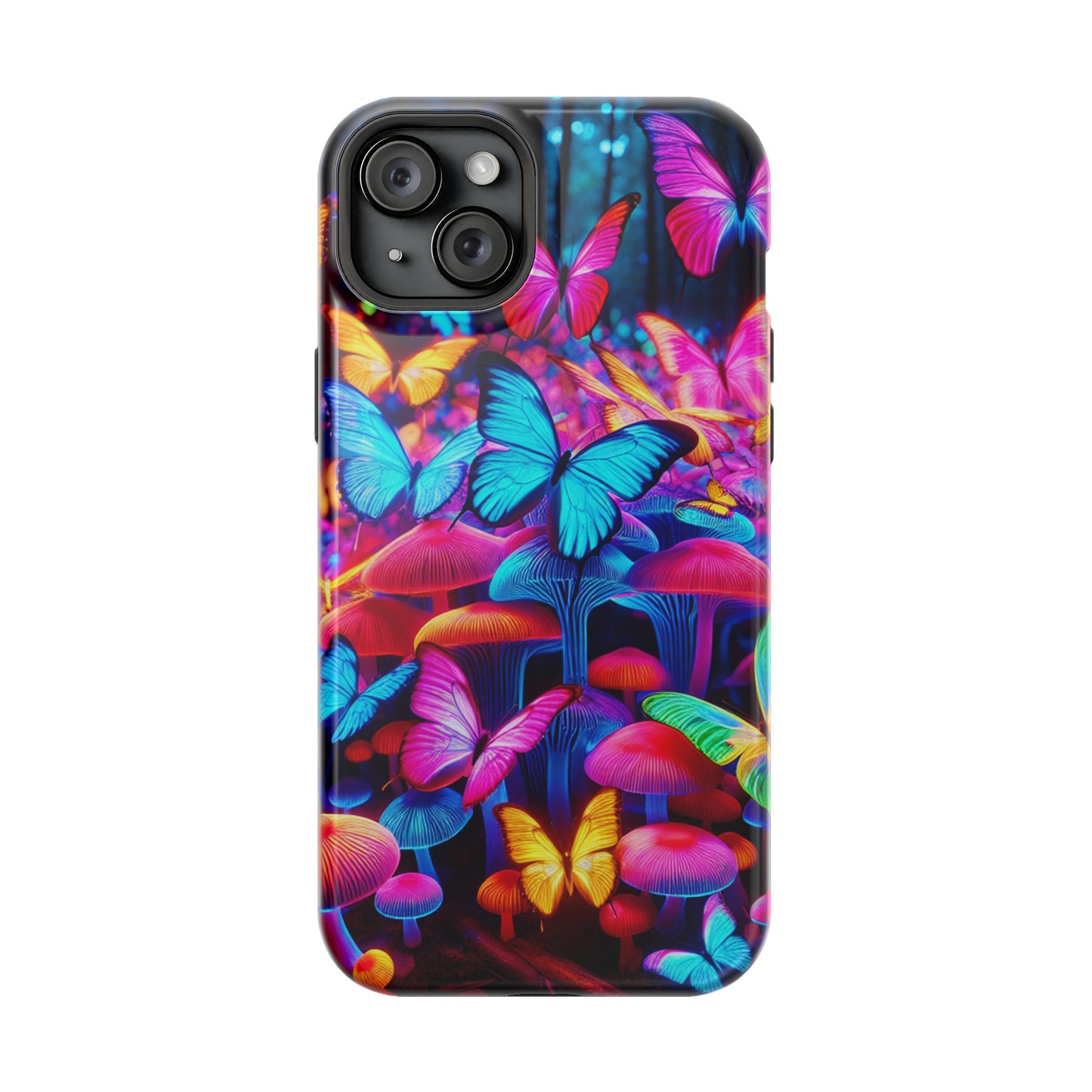 "Neon Tie-Dye Garden" Neon Butterflies and Mushrooms Premium Art Magsafe Magnet Tough IPhone 13 14 15 Pro Plus Max and Mini in Matte and Glossy Phone cases