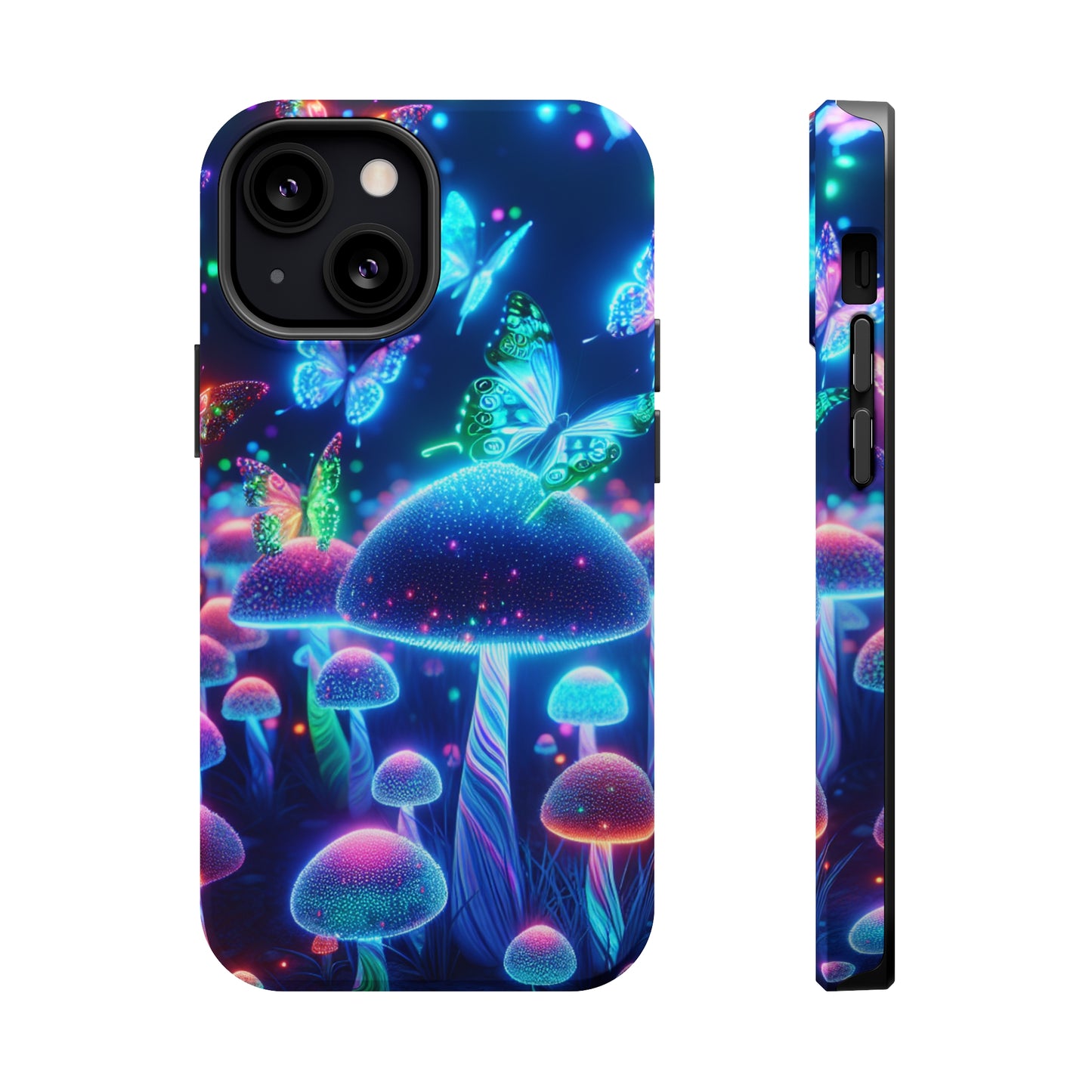 Neon Glitterbug Heaven. Neon Butterflies and Mushrooms Premium Art Magsafe Magnet Tough IPhone 13 14 15 Pro Plus Max and Mini in Matte and Glossy Phone cases