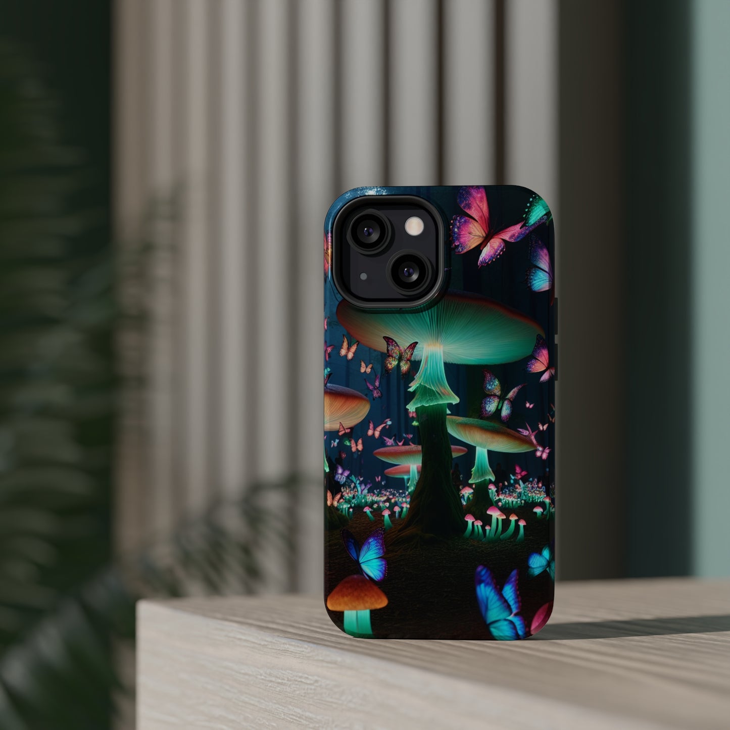 Neon Garden Delight. Neon Butterflies and Mushrooms Premium Art Magsafe Magnet Tough IPhone 13 14 15 Pro Plus Max and Mini in Matte and Glossy Phone cases