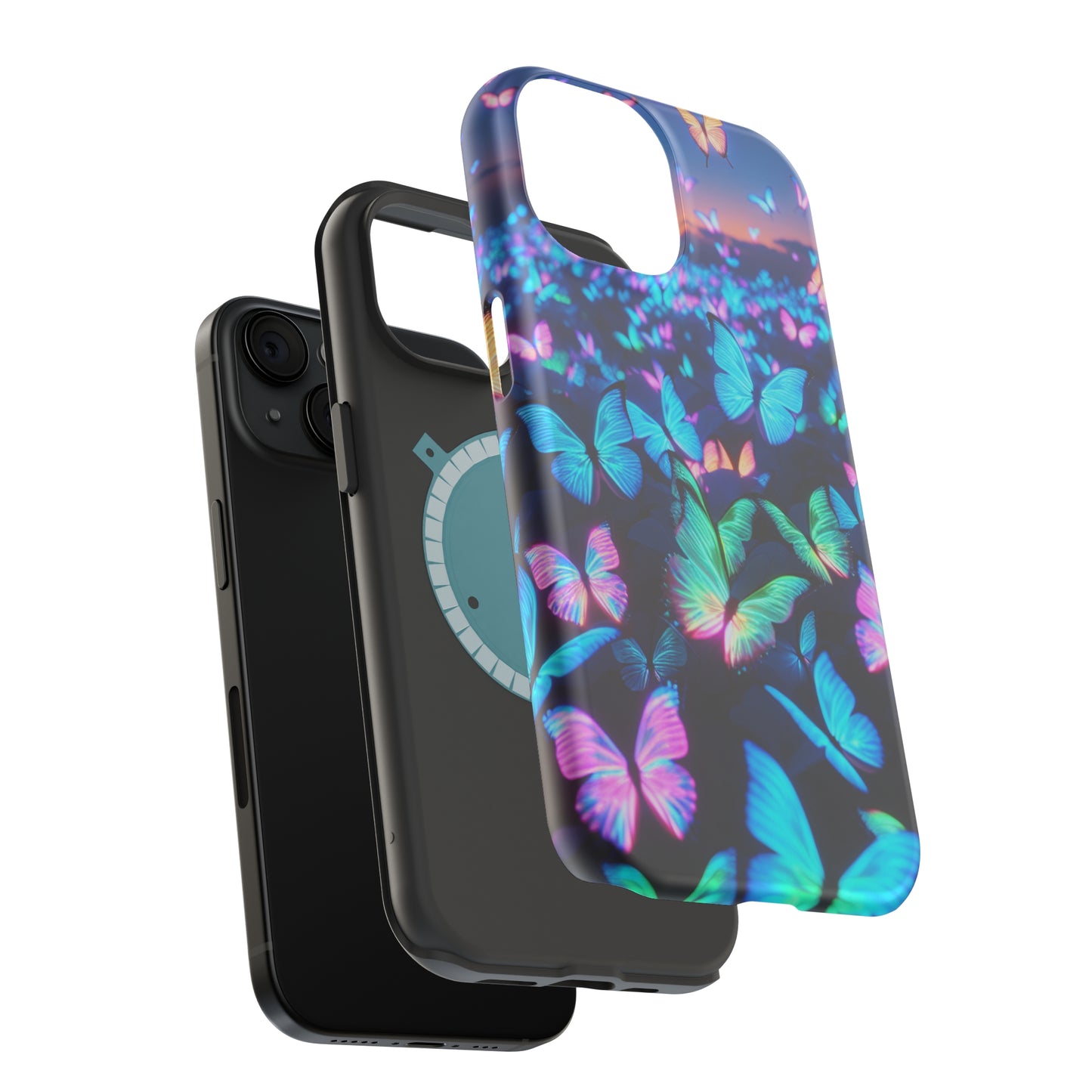 "Fantasia of Neon Butterflies" Neon Butterflies Premium Art Magsafe Magnet Tough IPhone 13 14 15 Pro Plus Max and Mini in Matte and Glossy Phone cases