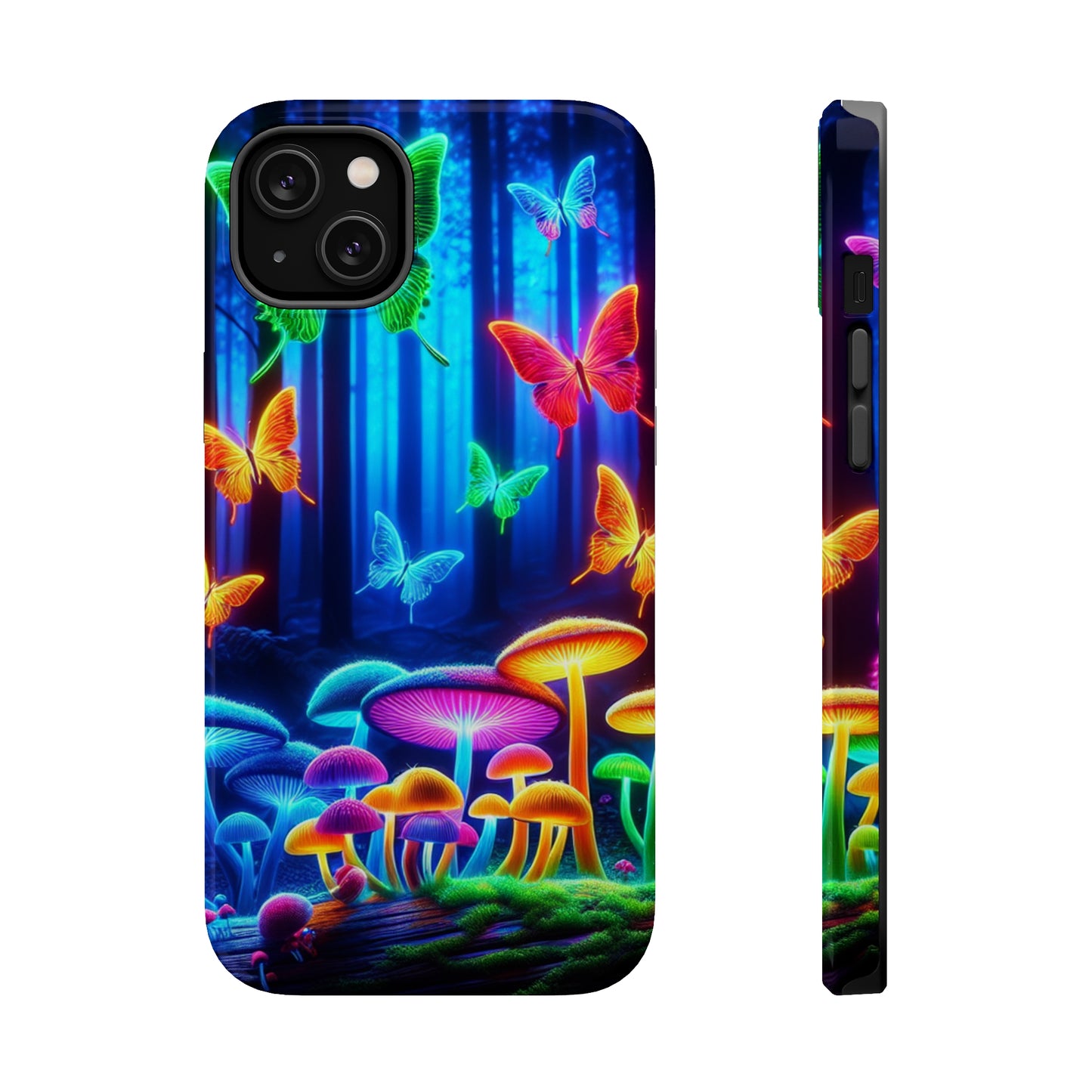 "Neon Garden Delight" Neon Butterflies and Mushrooms Premium Art Magsafe Magnet Tough IPhone 13 14 15 Pro Plus Max and Mini in Matte and Glossy Phone cases