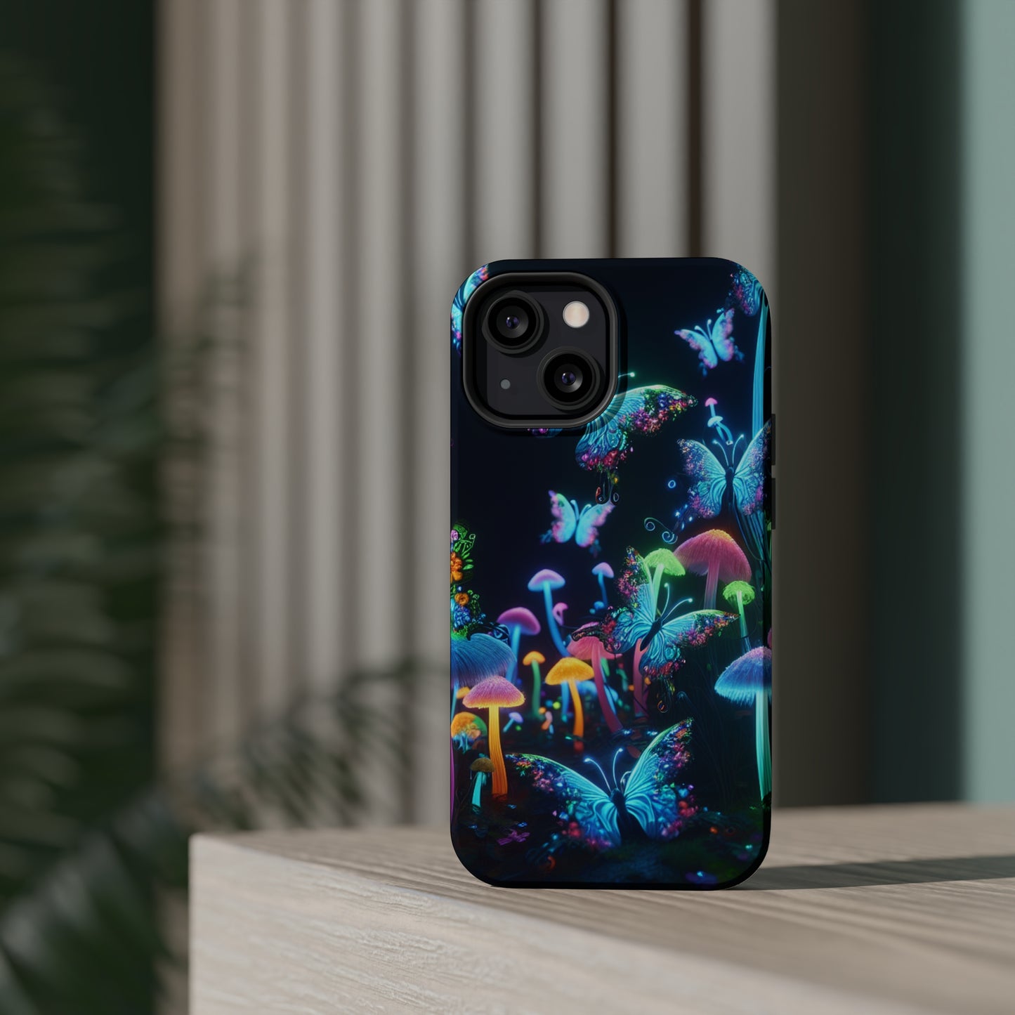 "Neon Dreamscape" Neon Butterflies and Mushrooms Premium Art Magsafe Magnet Tough IPhone 13 14 15 Pro Plus Max and Mini in Matte and Glossy Phone cases