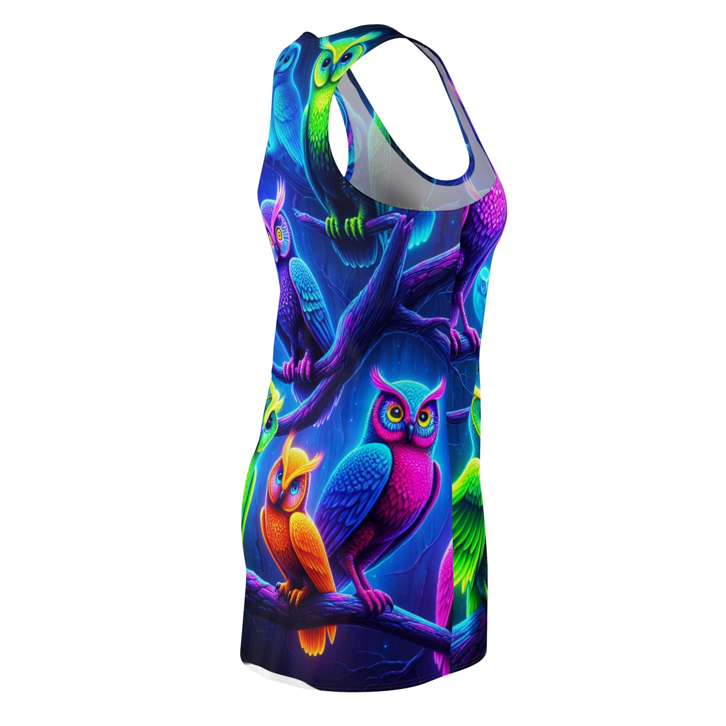 "Neon Nocturnal Feathered Friends" Neon Owls Racerback Dress