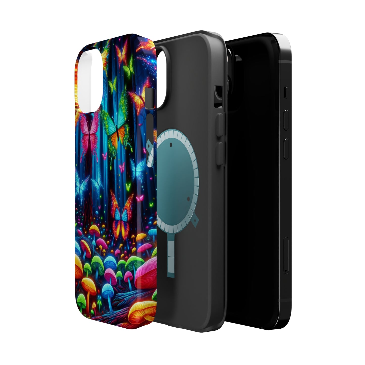 Neon Fantasia. Neon Butterflies and Mushrooms Premium Art Magsafe Magnet Tough IPhone 13 14 15 Pro Plus Max and Mini in Matte and Glossy Phone cases