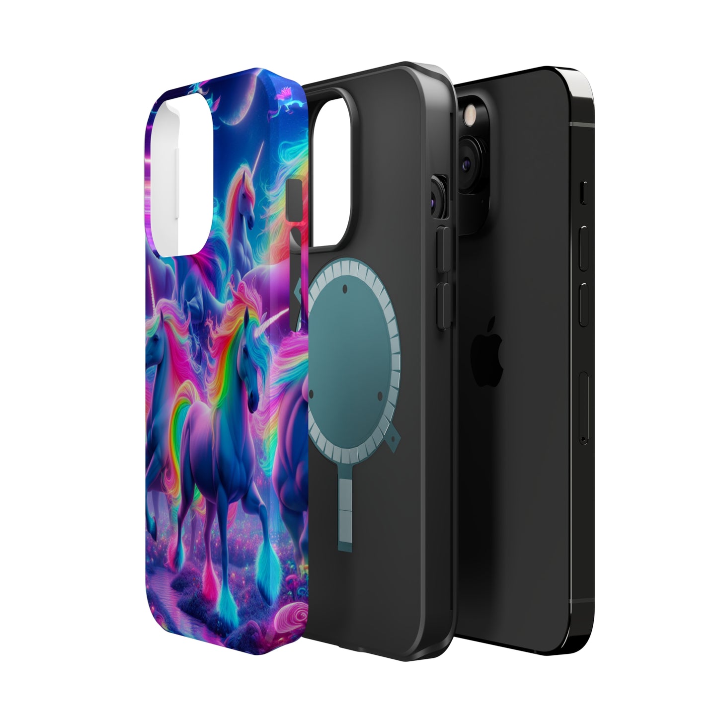 "Unicorn Prism" Neon Unicorns Premium Art Magsafe Magnet Tough IPhone 13 14 15 Pro Plus Max and Mini in Matte and Glossy Phone cases