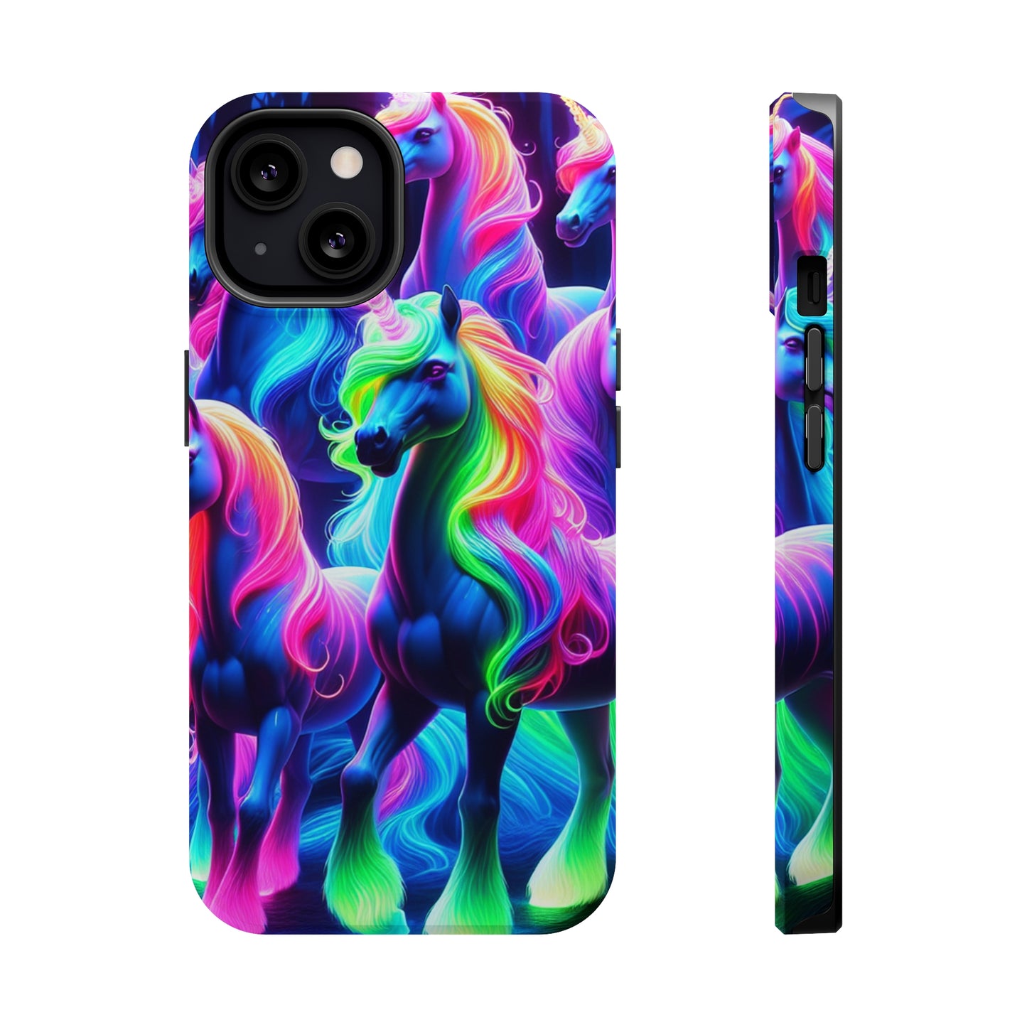 Neon Magic Skies - Unicorn Gang. Neon Unicorns Premium Art Magsafe Magnet Tough IPhone 13 14 15 Pro Plus Max and Mini in Matte and Glossy Phone cases