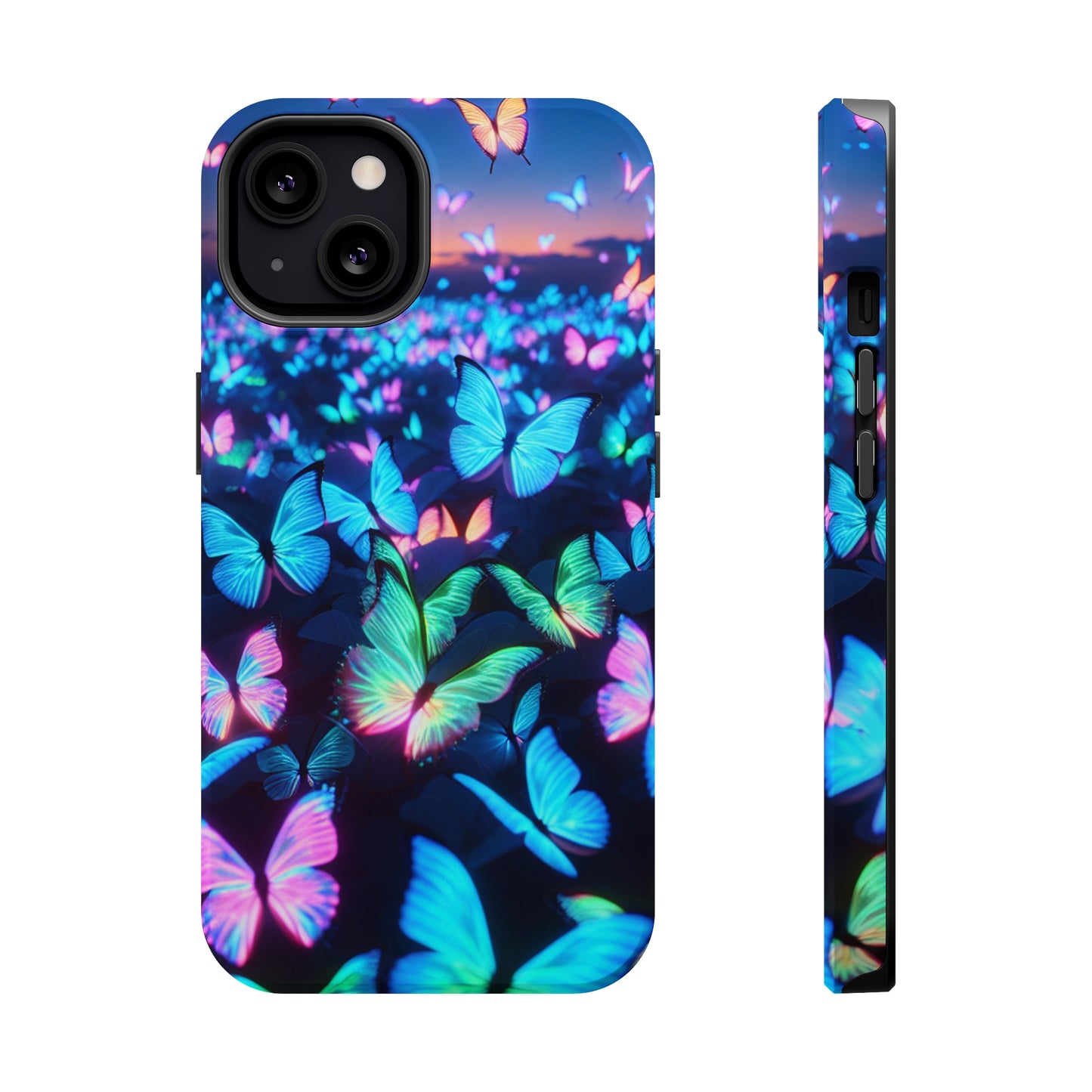 "Fantasia of Neon Butterflies" Neon Butterflies Premium Art Magsafe Magnet Tough IPhone 13 14 15 Pro Plus Max and Mini in Matte and Glossy Phone cases