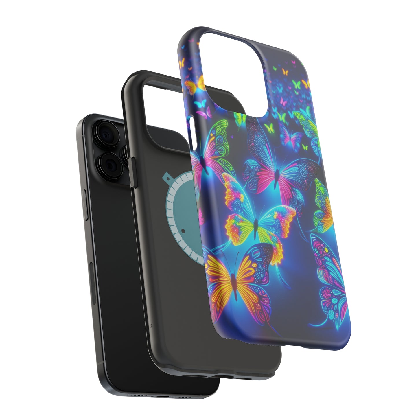 "Atmospheric Fluorescence" Neon Butterflies Premium Art Magsafe Magnet Tough IPhone 13 14 15 Pro Plus Max and Mini in Matte and Glossy Phone cases