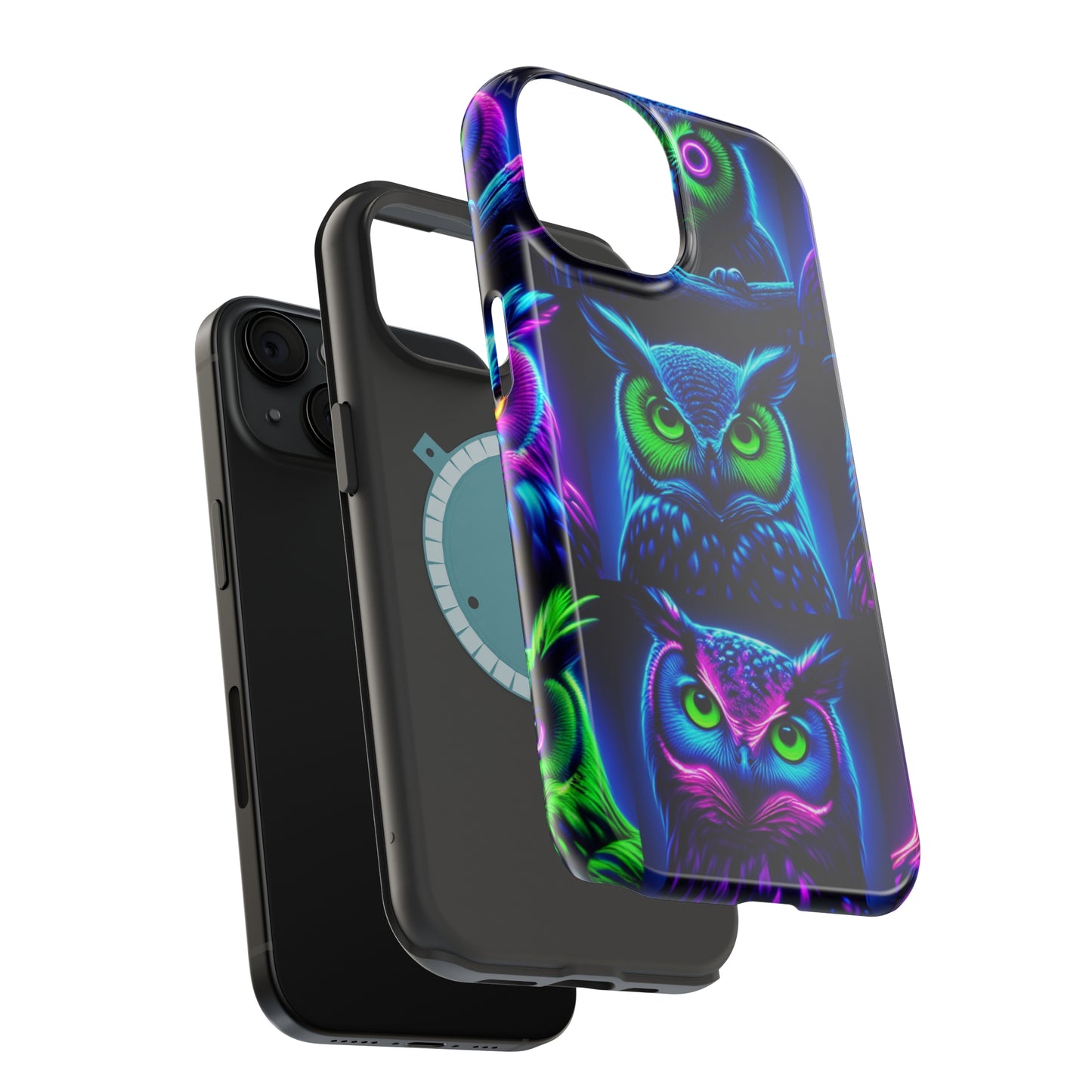 "Neon Nocturne" Neon Owls Premium Art Magsafe Magnet Tough IPhone 13 14 15 Pro Plus Max and Mini in Matte and Glossy Phone cases