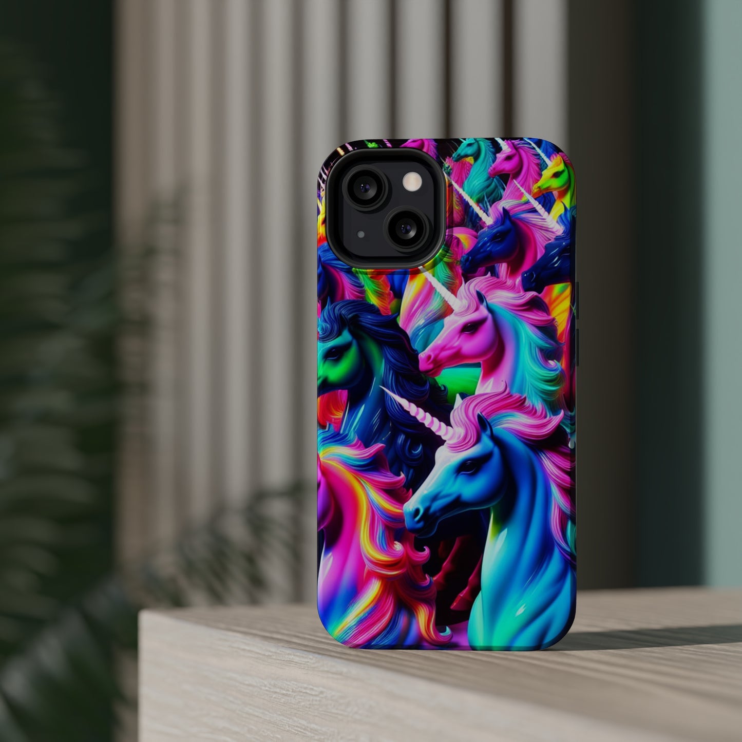 "Neon Illumination" Neon Unicorns Premium Art Magsafe Magnet Tough IPhone 13 14 15 Pro Plus Max and Mini in Matte and Glossy Phone cases