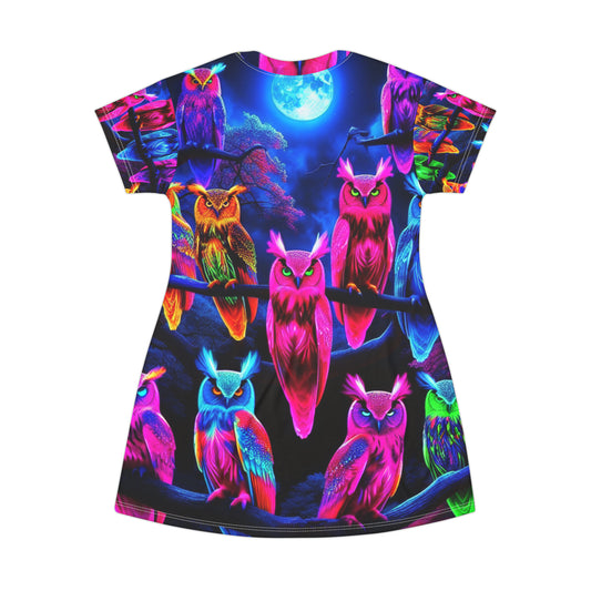 Neon Nocturne. Neon Owls Womans T Shirt Dress