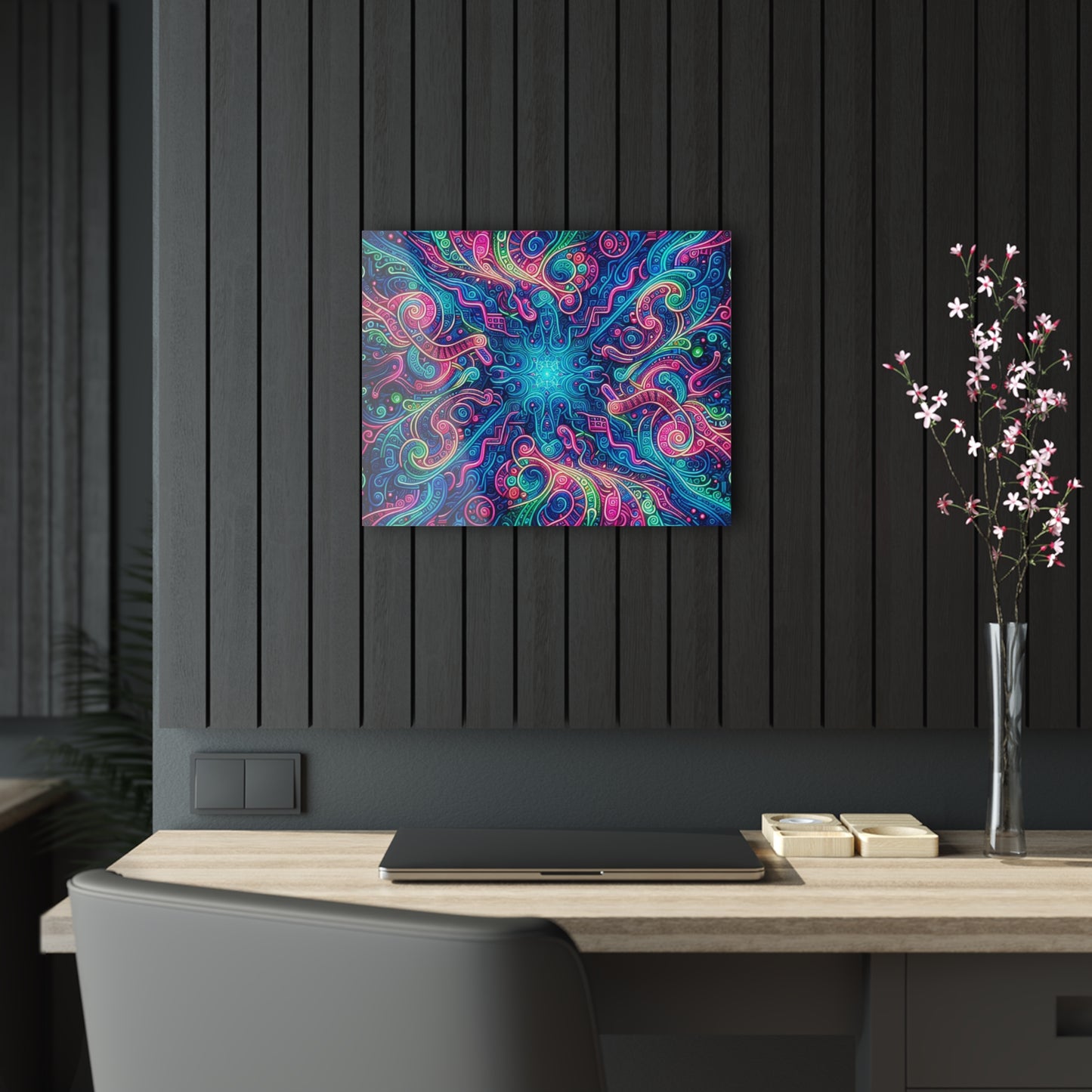 Infinite Tilted Prismatic Neon Transcendence. Trippy infity Pattern 1/4" Glossy Acrylic Art