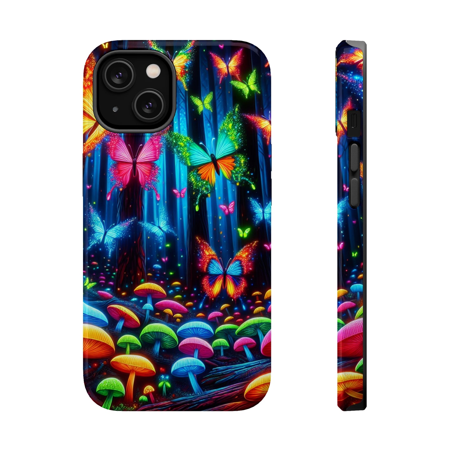 Neon Fantasia. Neon Butterflies and Mushrooms Premium Art Magsafe Magnet Tough IPhone 13 14 15 Pro Plus Max and Mini in Matte and Glossy Phone cases