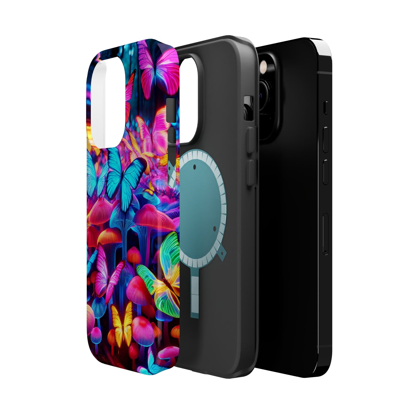 "Neon Tie-Dye Garden" Neon Butterflies and Mushrooms Premium Art Magsafe Magnet Tough IPhone 13 14 15 Pro Plus Max and Mini in Matte and Glossy Phone cases