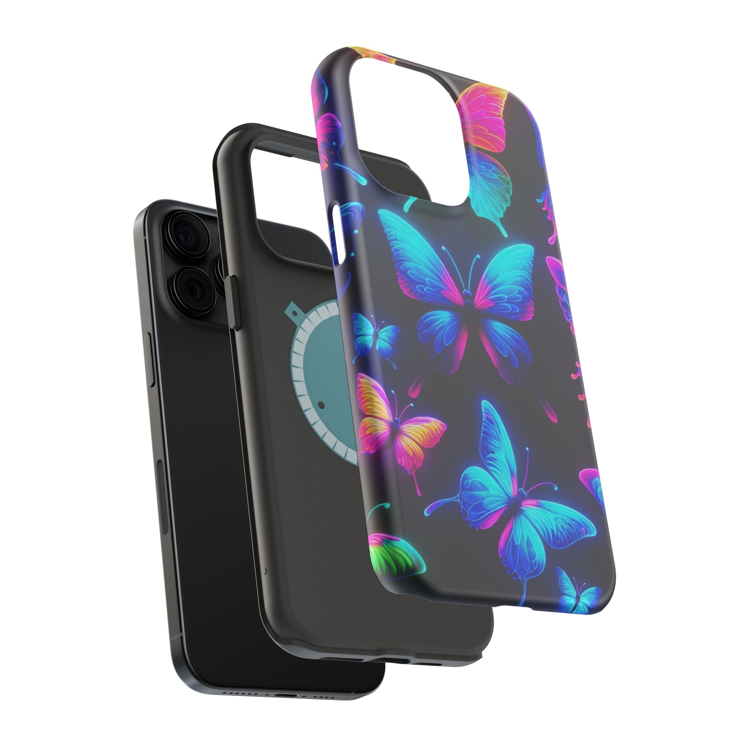 "Neon Flight Frenzy" Neon Butterflies Premium Art Magsafe Magnet Tough IPhone 13 14 15 Pro Plus Max and Mini in Matte and Glossy Phone cases