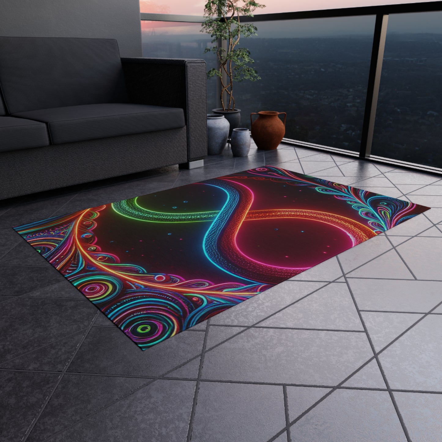 Neon Vortex Infinity. Infinity Patterns Outdoor Rug