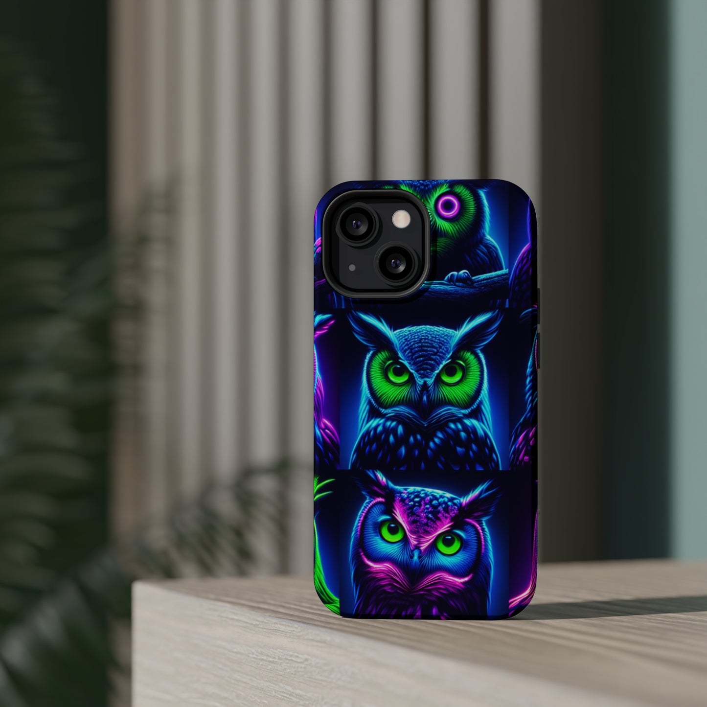 "Neon Nocturne" Neon Owls Premium Art Magsafe Magnet Tough IPhone 13 14 15 Pro Plus Max and Mini in Matte and Glossy Phone cases