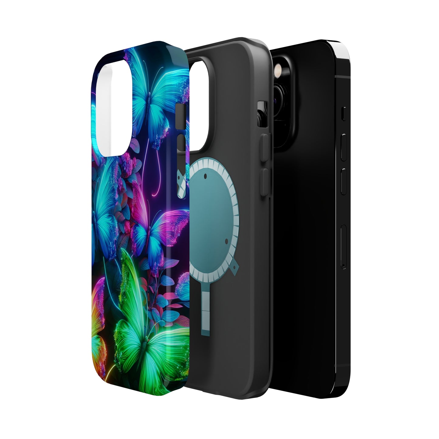 Neon Flutter Symphony Neon Butterflies Premium Art Magsafe Magnet Tough IPhone 13 14 15 Pro Plus Max and Mini in Matte and Glossy Phone cases
