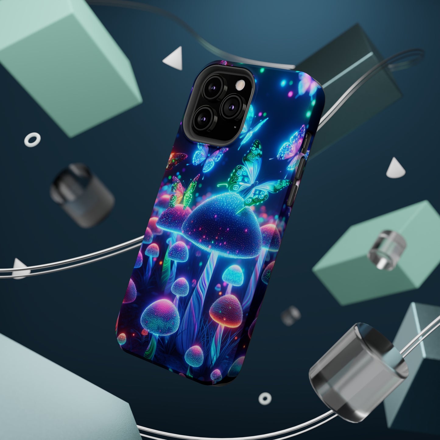 Neon Glitterbug Heaven. Neon Butterflies and Mushrooms Premium Art Magsafe Magnet Tough IPhone 13 14 15 Pro Plus Max and Mini in Matte and Glossy Phone cases