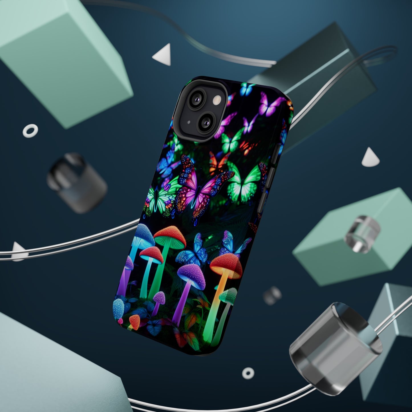 "Neon Burst Wonderland". Neon Butterflies and Mushrooms Premium Art Magsafe Magnet Tough IPhone 13 14 15 Pro Plus Max and Mini in Matte and Glossy Phone cases