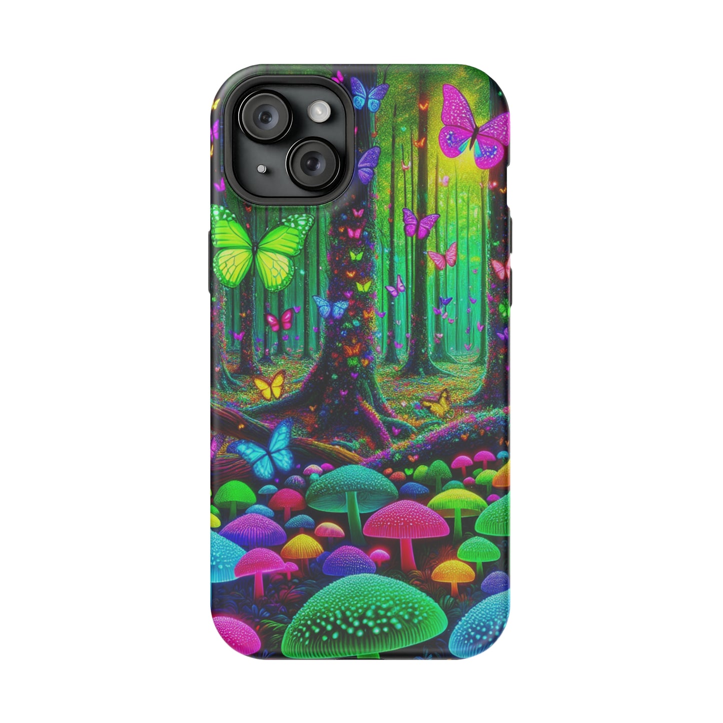 "Neon Garden Symphony". Neon Butterflies and Mushrooms Premium Art Magsafe Magnet Tough IPhone 13 14 15 Pro Plus Max and Mini in Matte and Glossy Phone cases