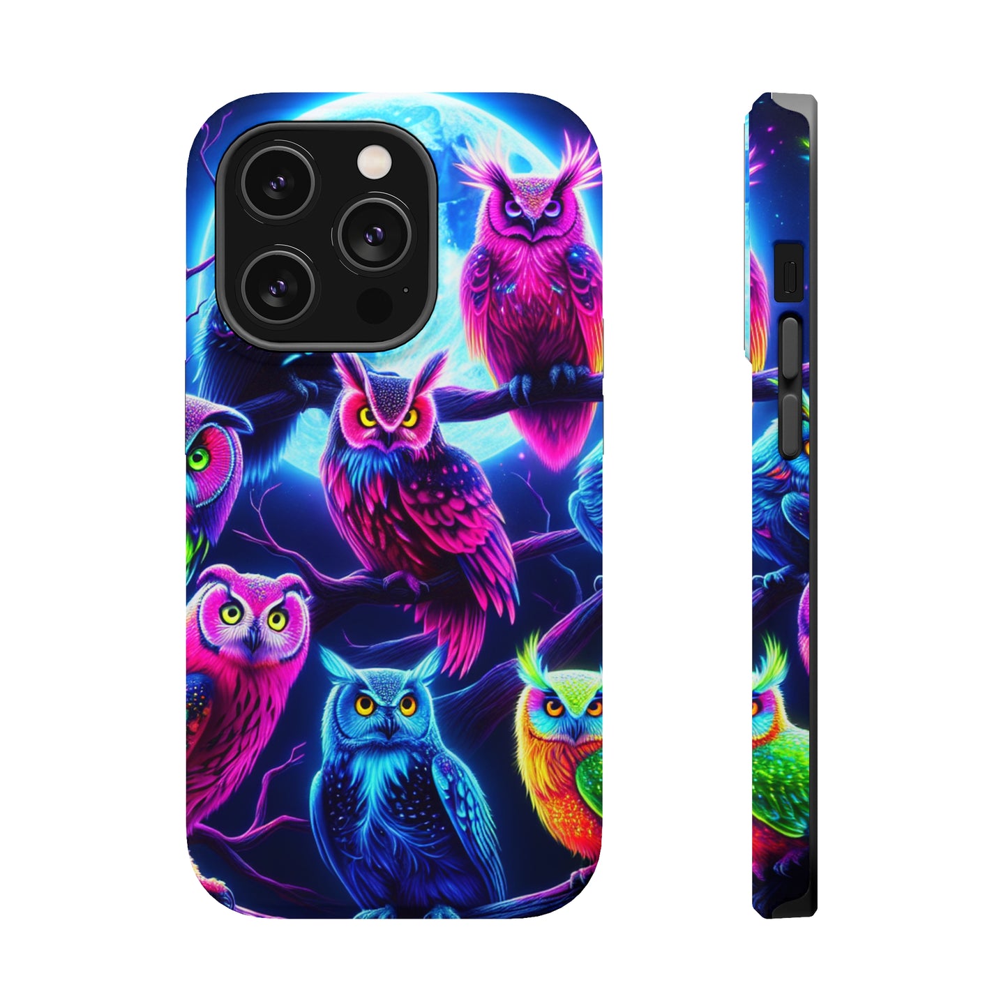 "Neon Splash of Owls" Neon Owls Premium Art Magsafe Magnet Tough IPhone 13 14 15 Pro Plus Max and Mini in Matte and Glossy Phone cases