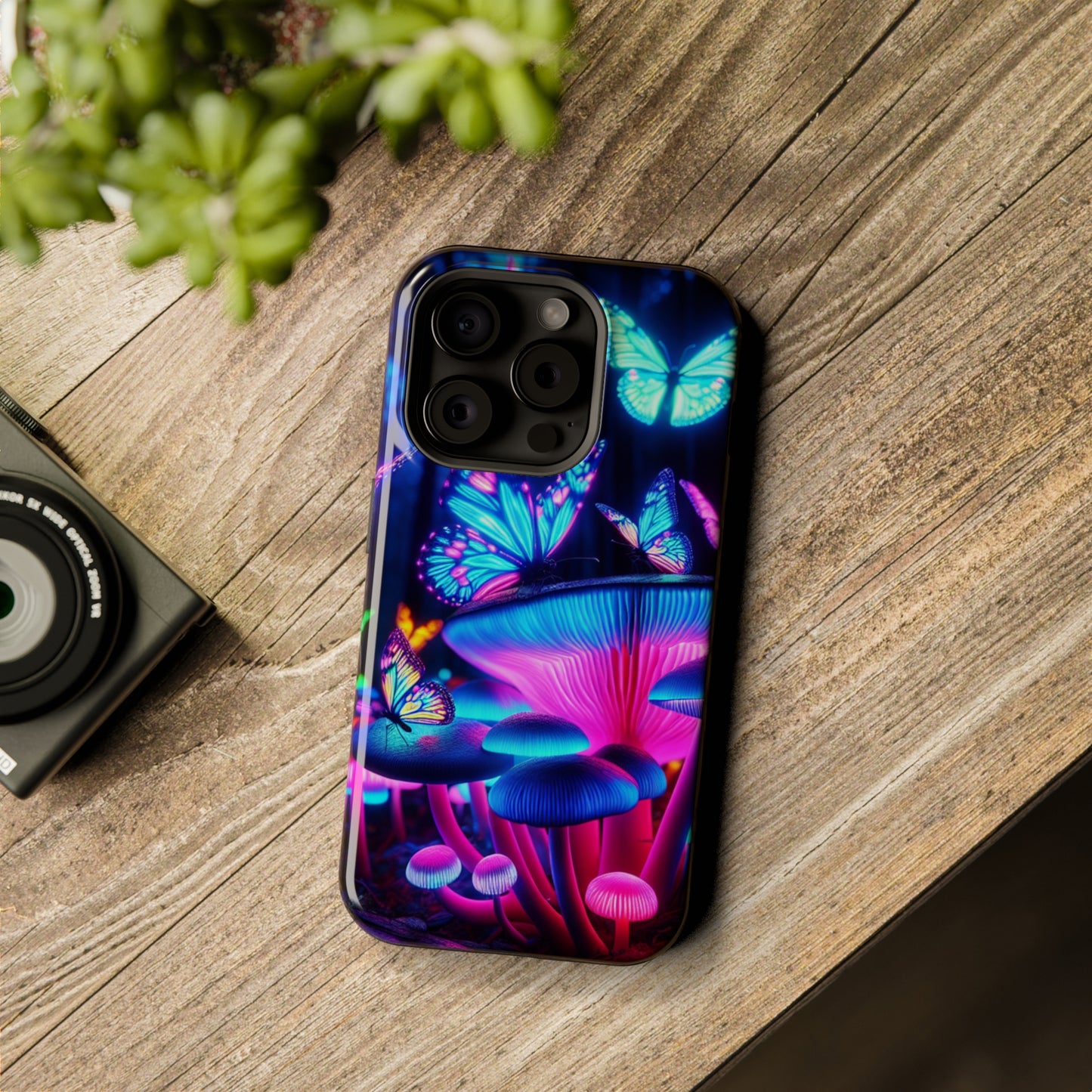 Neon Fantasy Garden Neon Butterflies and Mushrooms Premium Art Magsafe Magnet Tough IPhone 13 14 15 Pro Plus Max and Mini in Matte and Glossy Phone cases
