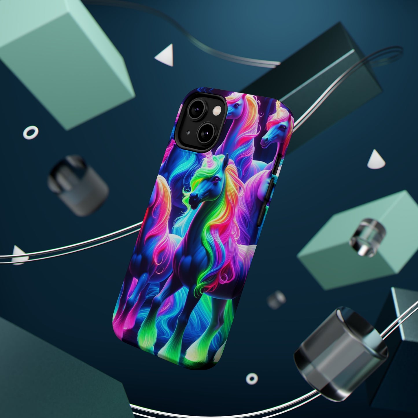 Neon Magic Skies - Unicorn Gang. Neon Unicorns Premium Art Magsafe Magnet Tough IPhone 13 14 15 Pro Plus Max and Mini in Matte and Glossy Phone cases