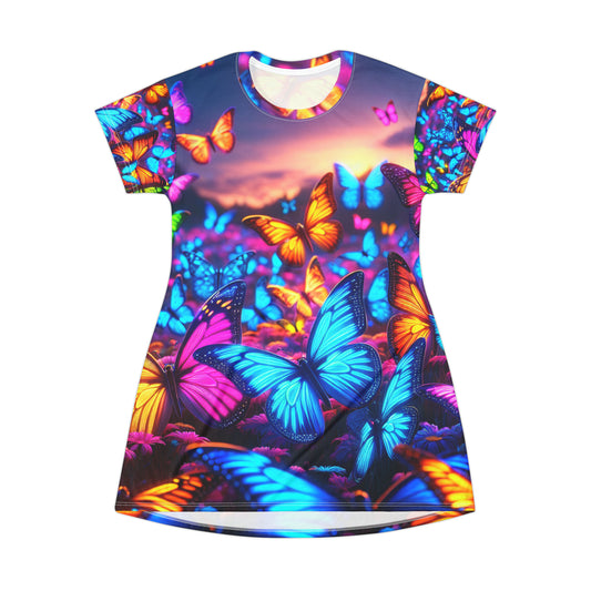 "Neon Flutter Fantasy" Neon Butterflies Womans T Shirt Dress