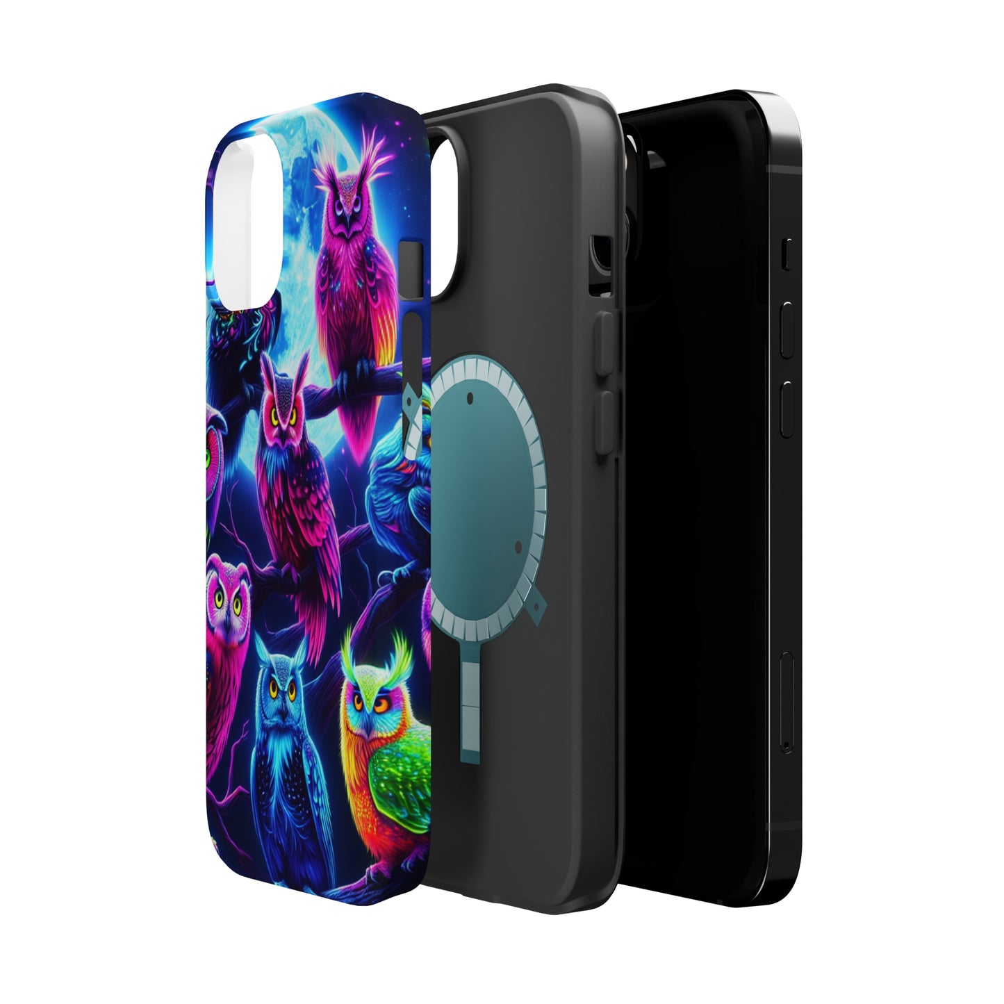 "Neon Splash of Owls" Neon Owls Premium Art Magsafe Magnet Tough IPhone 13 14 15 Pro Plus Max and Mini in Matte and Glossy Phone cases