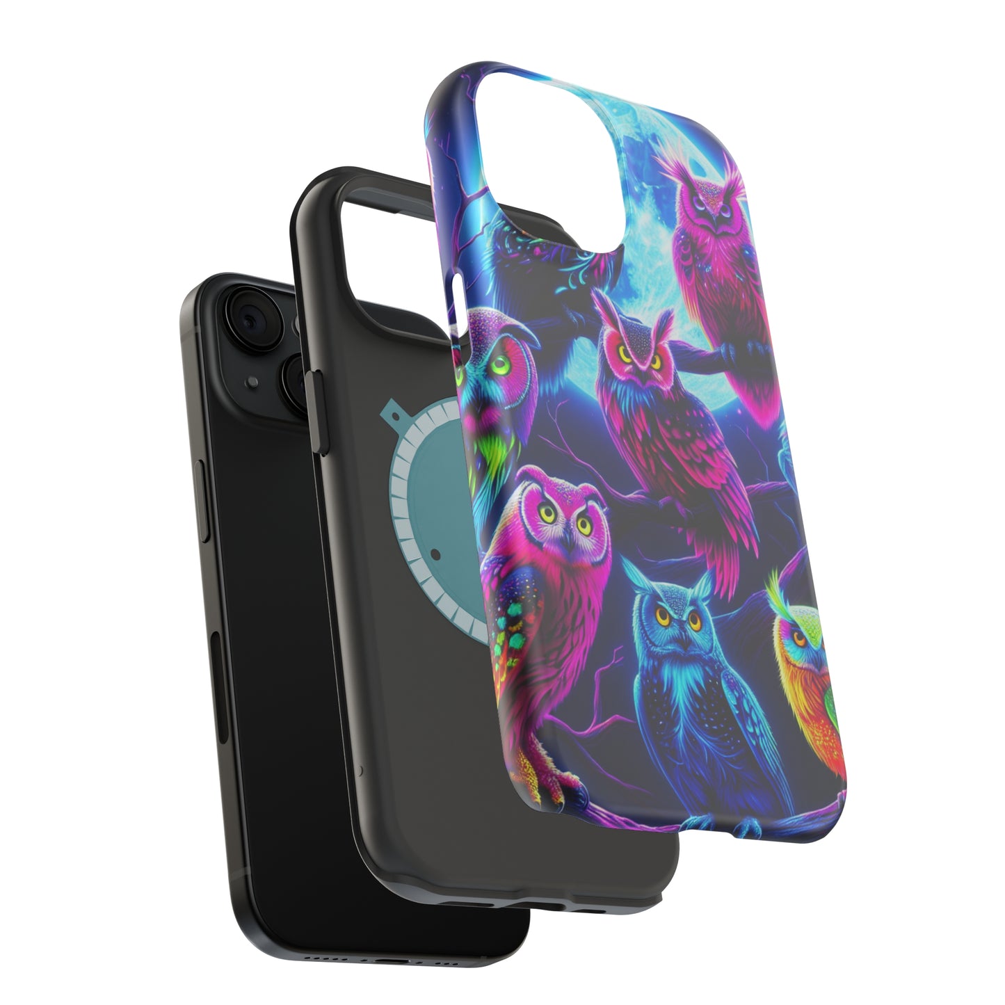 "Neon Splash of Owls" Neon Owls Premium Art Magsafe Magnet Tough IPhone 13 14 15 Pro Plus Max and Mini in Matte and Glossy Phone cases