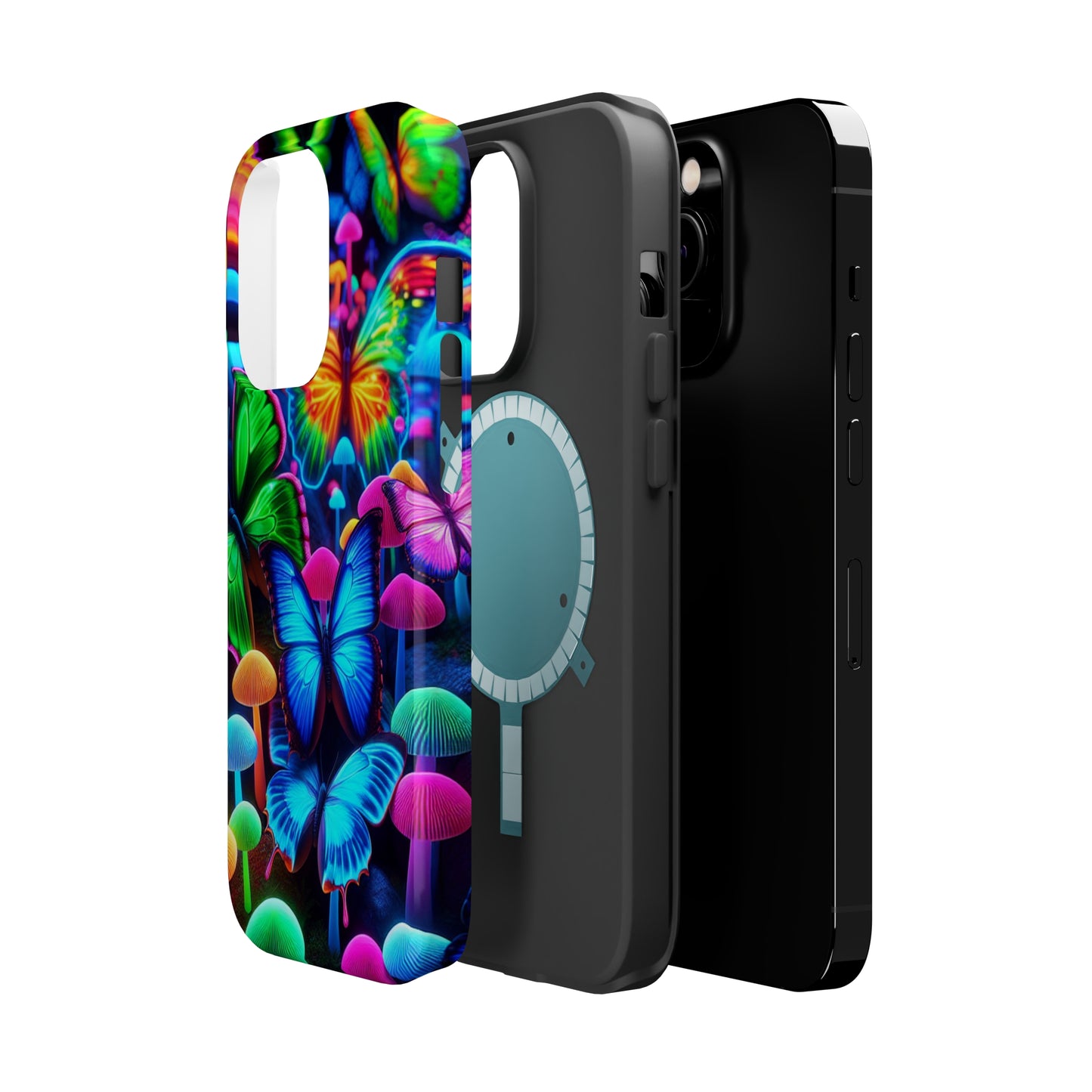 "Fantastic Fruition" Neon Butterflies and Mushrooms Premium Art Magsafe Magnet Tough IPhone 13 14 15 Pro Plus Max and Mini in Matte and Glossy Phone cases