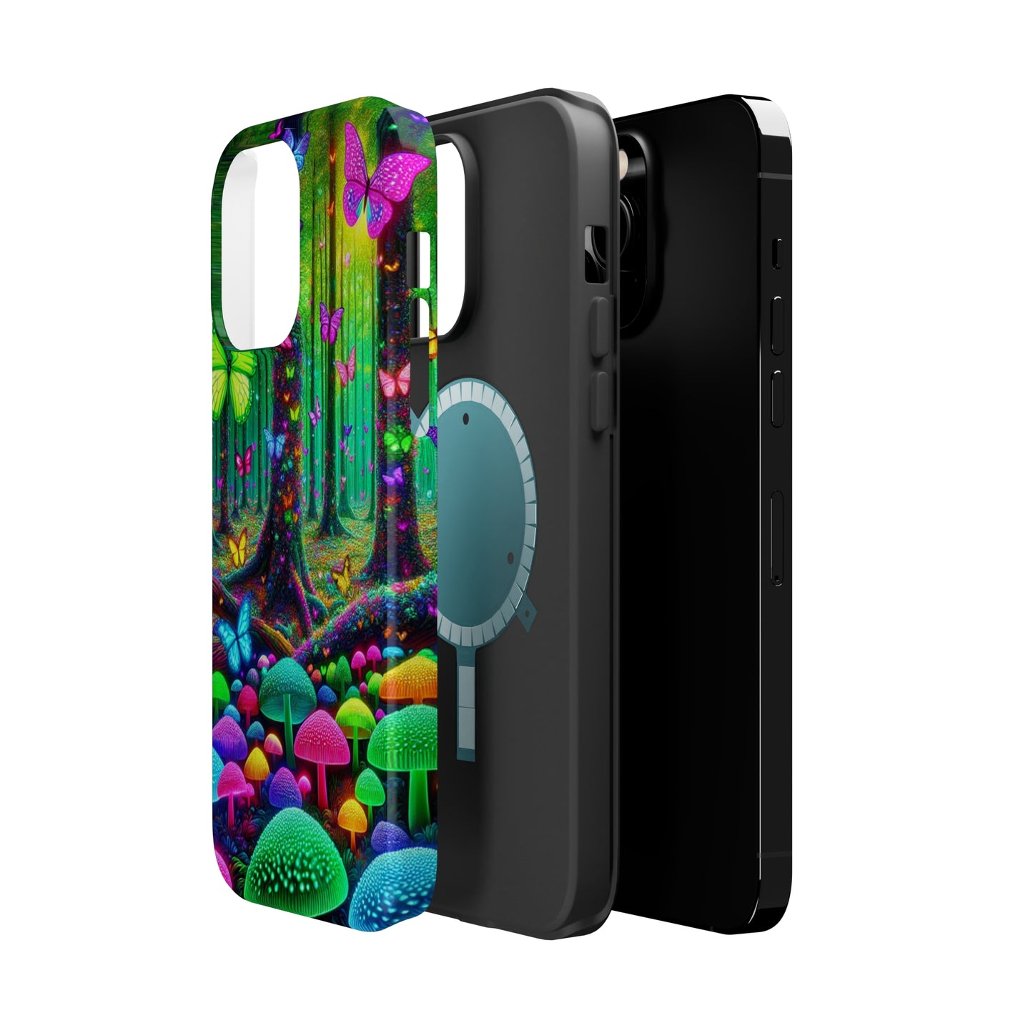 "Neon Garden Symphony". Neon Butterflies and Mushrooms Premium Art Magsafe Magnet Tough IPhone 13 14 15 Pro Plus Max and Mini in Matte and Glossy Phone cases