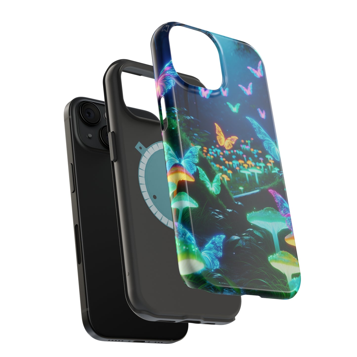 "Neon Meadow" Neon Butterflies and Mushrooms Premium Art Magsafe Magnet Tough IPhone 13 14 15 Pro Plus Max and Mini in Matte and Glossy Phone cases