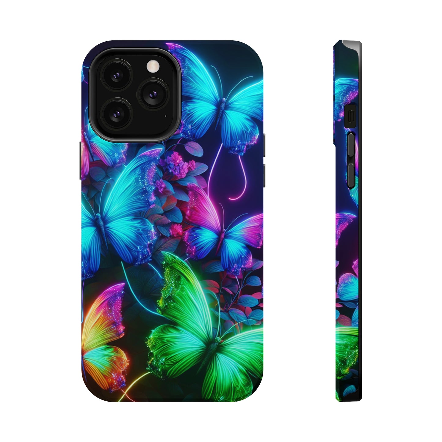 Neon Flutter Symphony Neon Butterflies Premium Art Magsafe Magnet Tough IPhone 13 14 15 Pro Plus Max and Mini in Matte and Glossy Phone cases