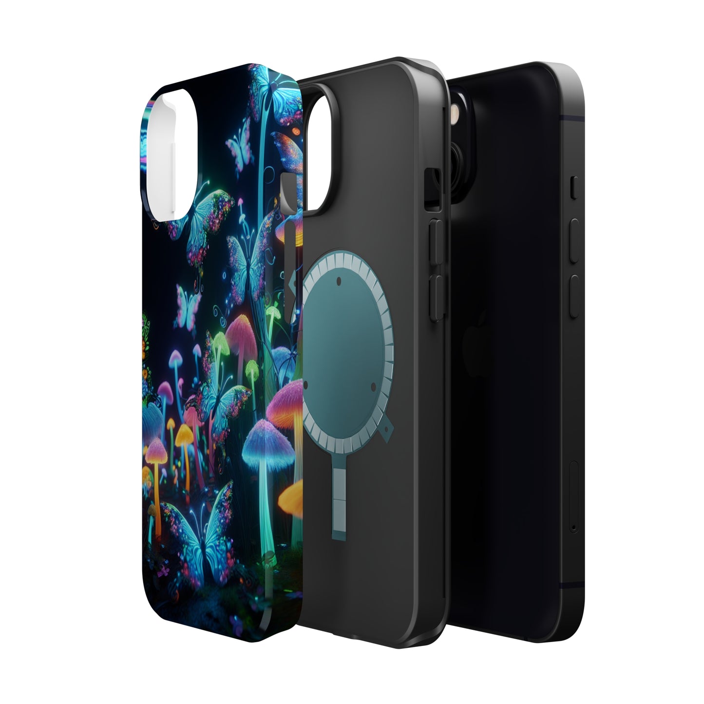 "Neon Dreamscape" Neon Butterflies and Mushrooms Premium Art Magsafe Magnet Tough IPhone 13 14 15 Pro Plus Max and Mini in Matte and Glossy Phone cases
