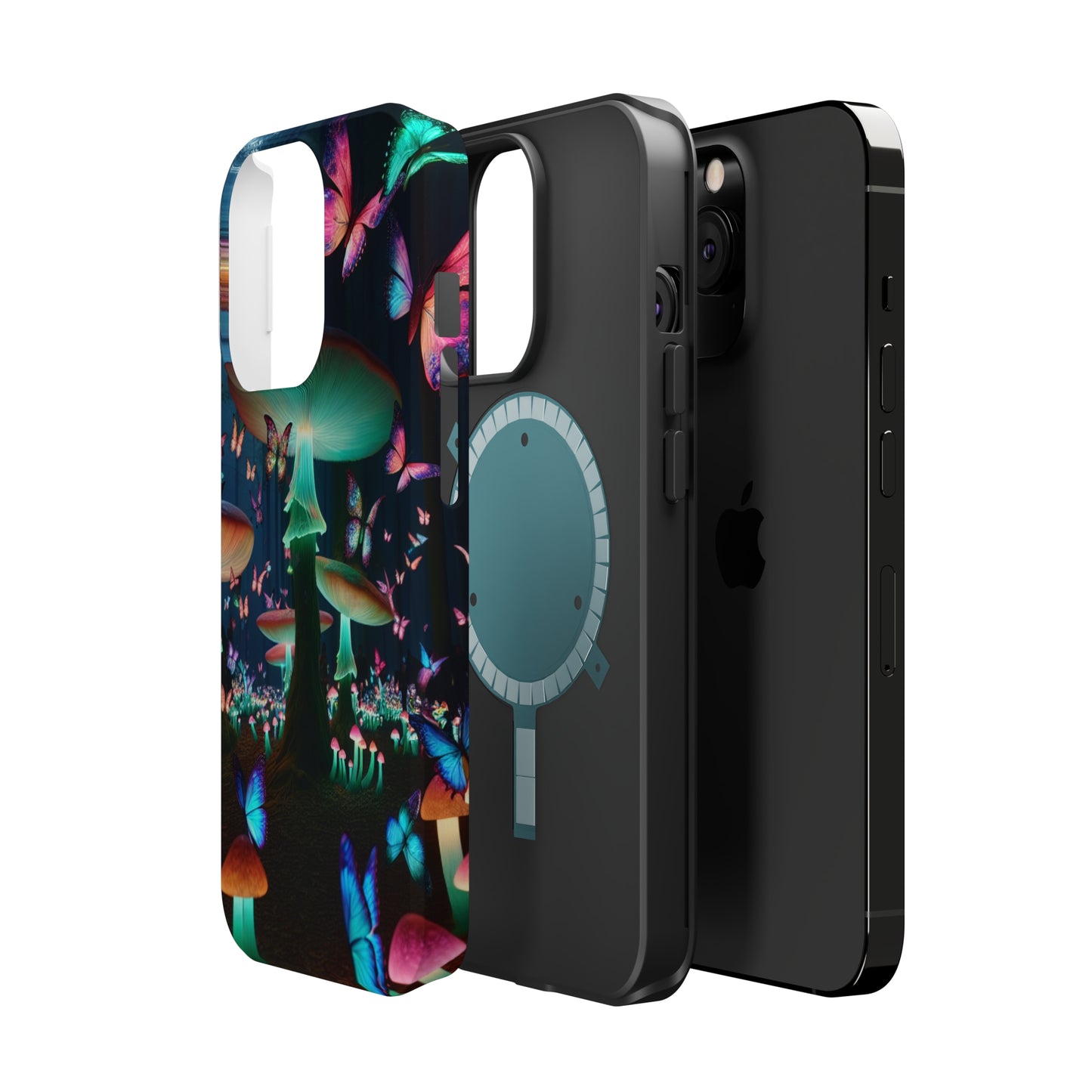 Neon Garden Delight. Neon Butterflies and Mushrooms Premium Art Magsafe Magnet Tough IPhone 13 14 15 Pro Plus Max and Mini in Matte and Glossy Phone cases