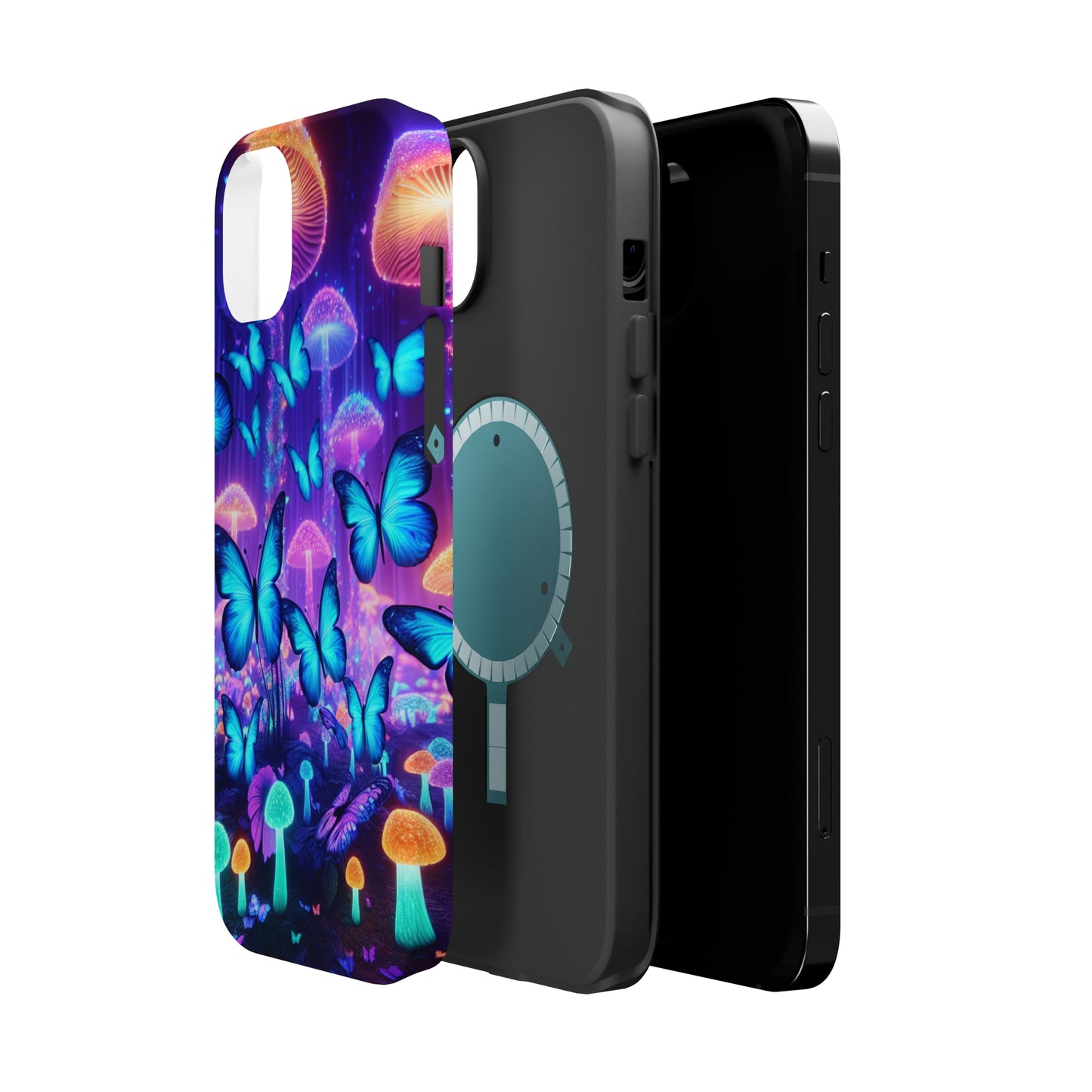 Neon Delight Landscape Neon Butterflies and Mushrooms Premium Art Magsafe Magnet Tough IPhone 13 14 15 Pro Plus Max and Mini in Matte and Glossy Phone cases
