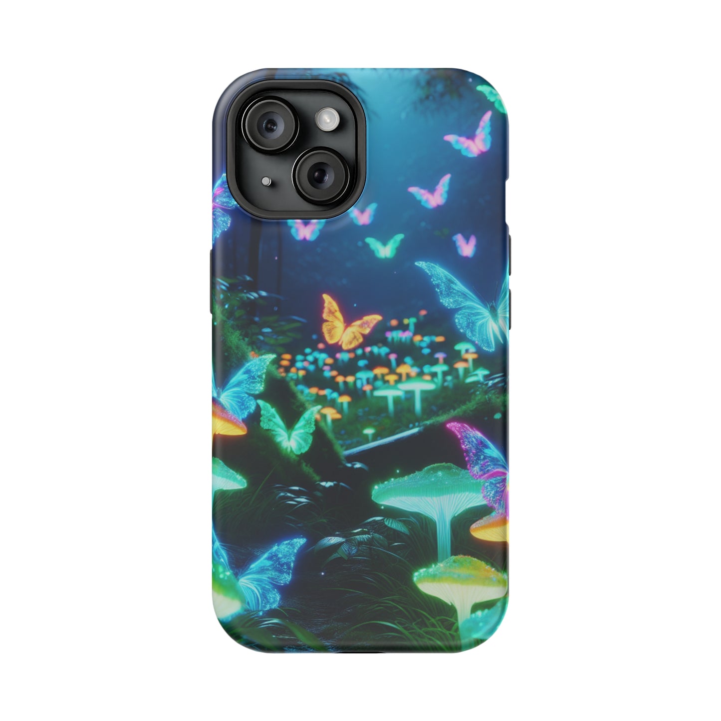 "Neon Meadow" Neon Butterflies and Mushrooms Premium Art Magsafe Magnet Tough IPhone 13 14 15 Pro Plus Max and Mini in Matte and Glossy Phone cases