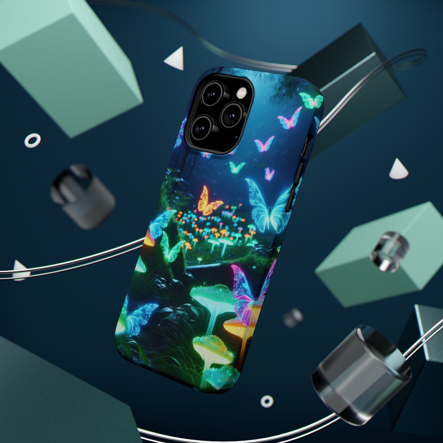 "Neon Meadow" Neon Butterflies and Mushrooms Premium Art Magsafe Magnet Tough IPhone 13 14 15 Pro Plus Max and Mini in Matte and Glossy Phone cases