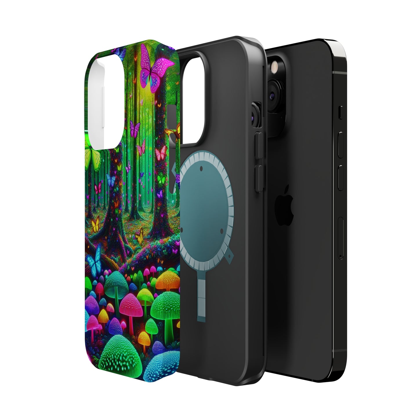 "Neon Garden Symphony". Neon Butterflies and Mushrooms Premium Art Magsafe Magnet Tough IPhone 13 14 15 Pro Plus Max and Mini in Matte and Glossy Phone cases