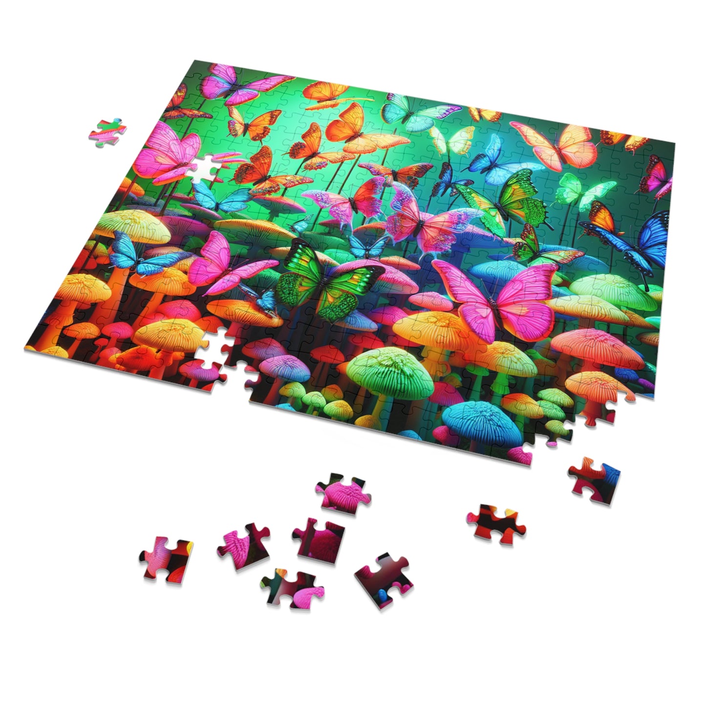 Neon Splendor. - Neon Butterflies and Mushrooms Puzzle 30, 110, 252, and 1000 Pieces