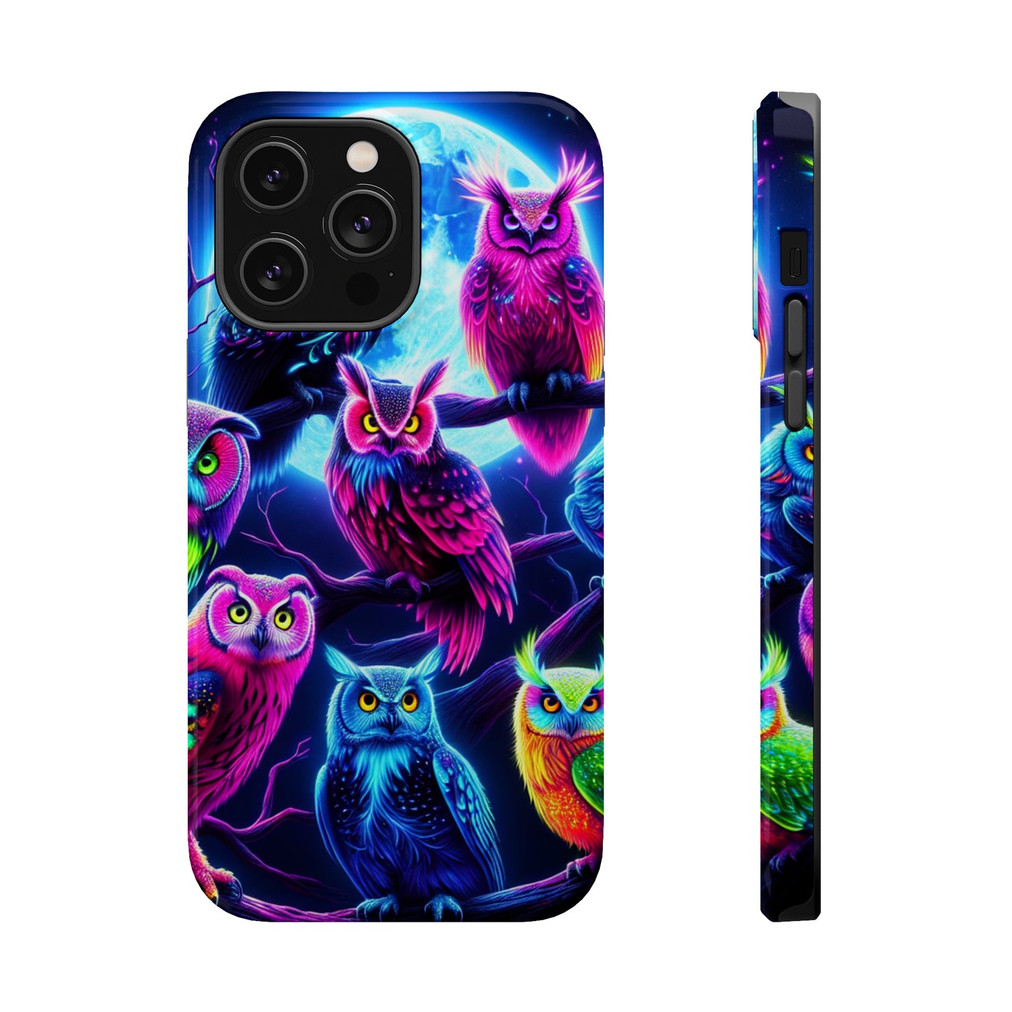 "Neon Splash of Owls" Neon Owls Premium Art Magsafe Magnet Tough IPhone 13 14 15 Pro Plus Max and Mini in Matte and Glossy Phone cases