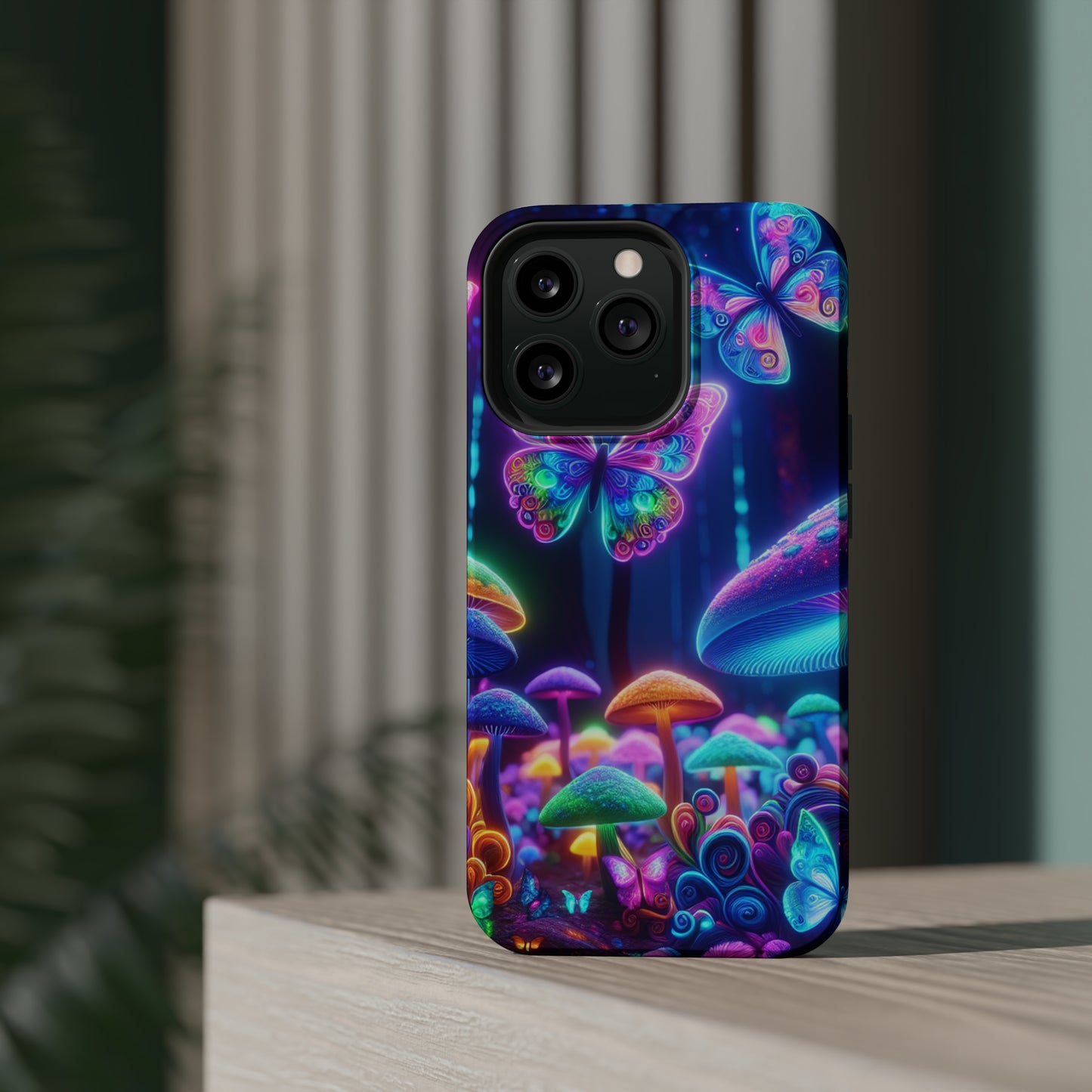 Neon Ecstasy. Neon Butterflies and Mushrooms Premium Art Magsafe Magnet Tough IPhone 13 14 15 Pro Plus Max and Mini in Matte and Glossy Phone cases