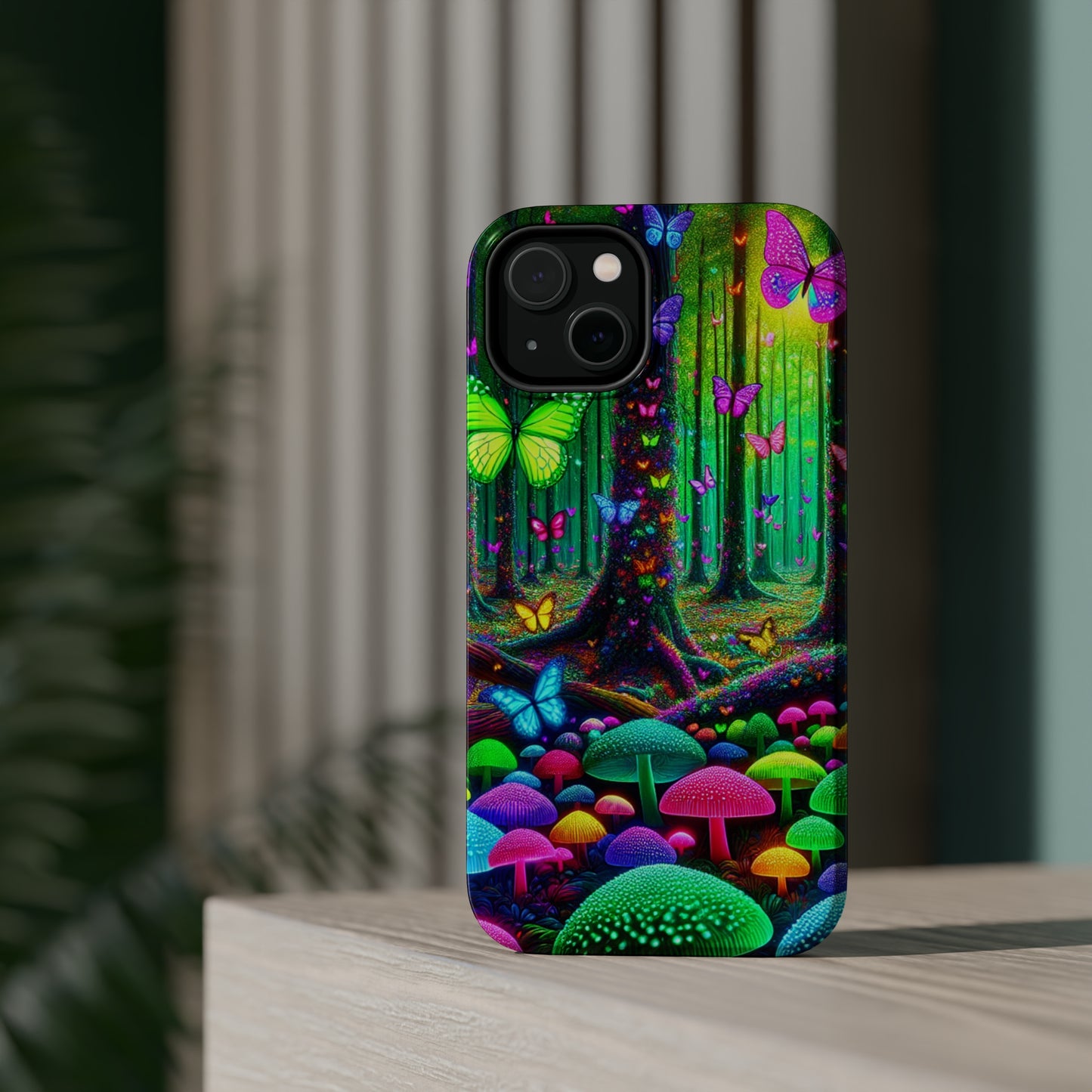 "Neon Garden Symphony". Neon Butterflies and Mushrooms Premium Art Magsafe Magnet Tough IPhone 13 14 15 Pro Plus Max and Mini in Matte and Glossy Phone cases