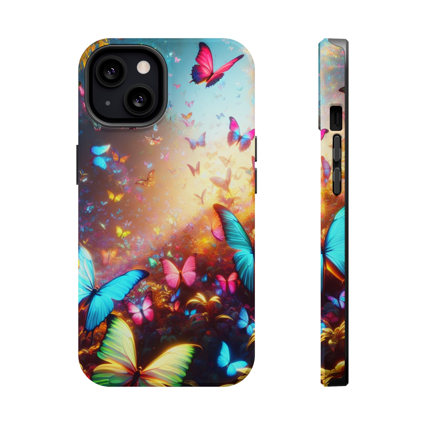 "Neon Butterfly Blooms" Neon Butterflies Premium Art Magsafe Magnet Tough IPhone 13 14 15 Pro Plus Max and Mini in Matte and Glossy Phone cases
