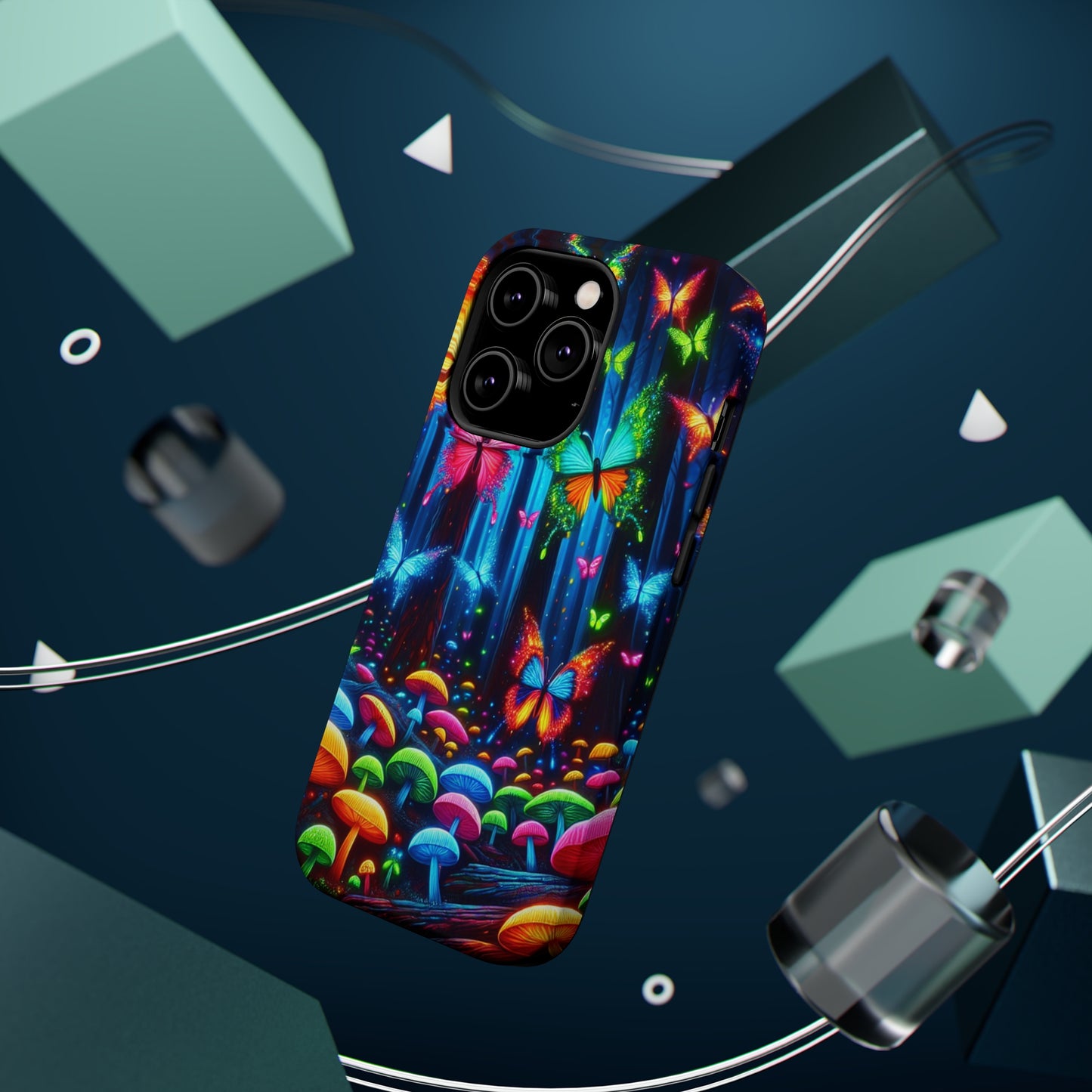 Neon Fantasia. Neon Butterflies and Mushrooms Premium Art Magsafe Magnet Tough IPhone 13 14 15 Pro Plus Max and Mini in Matte and Glossy Phone cases