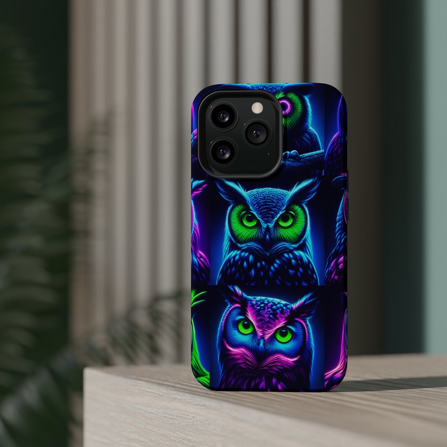 "Neon Nocturne" Neon Owls Premium Art Magsafe Magnet Tough IPhone 13 14 15 Pro Plus Max and Mini in Matte and Glossy Phone cases
